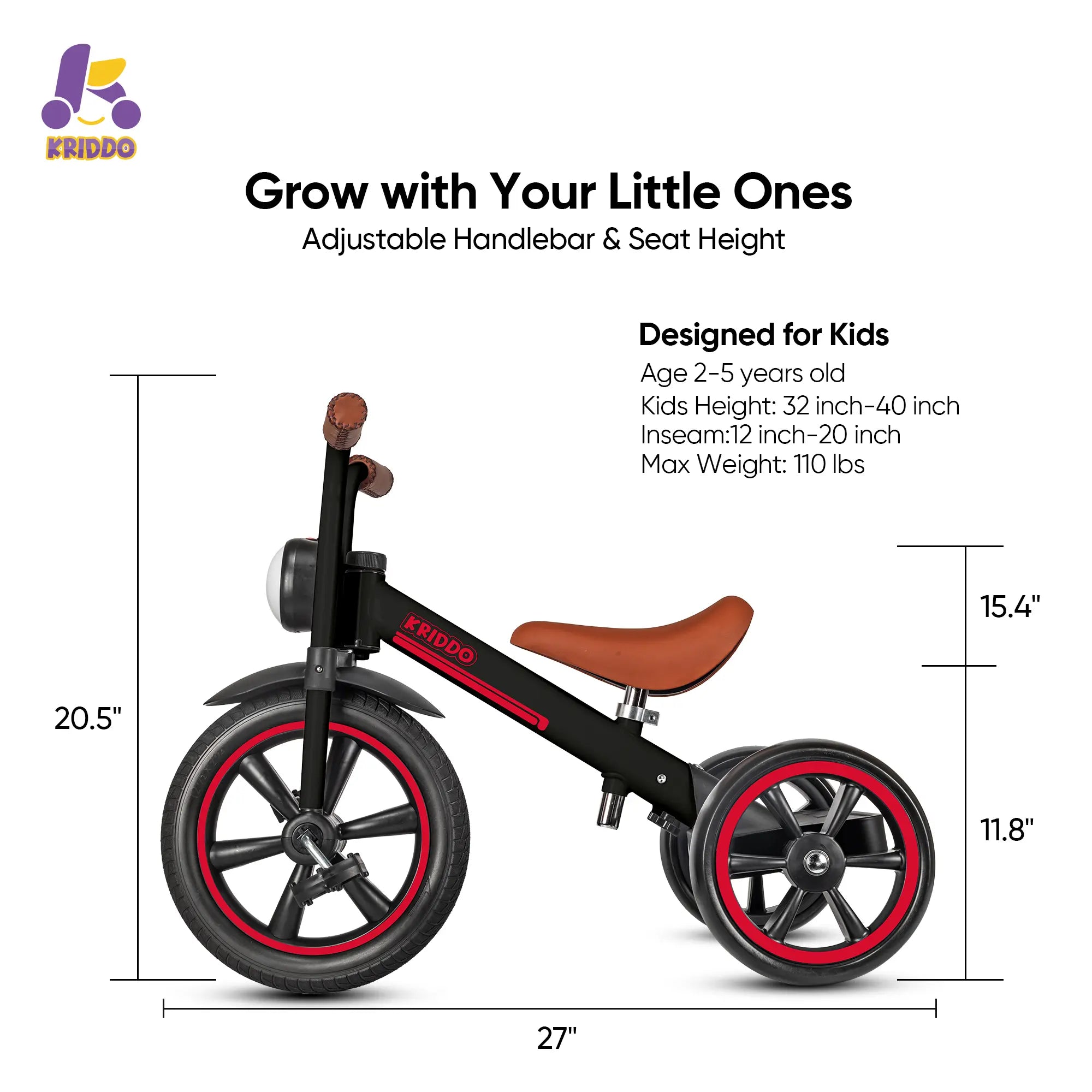 KRIDDO Kids Tricycle with Headlight and Pedals for 2 to 5 Years Old Black