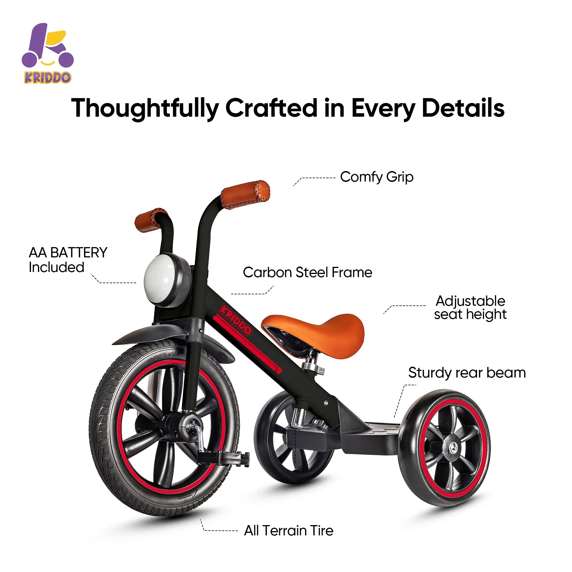 KRIDDO Kids Tricycle with Headlight and Pedals for 2 to 5 Years Old Black
