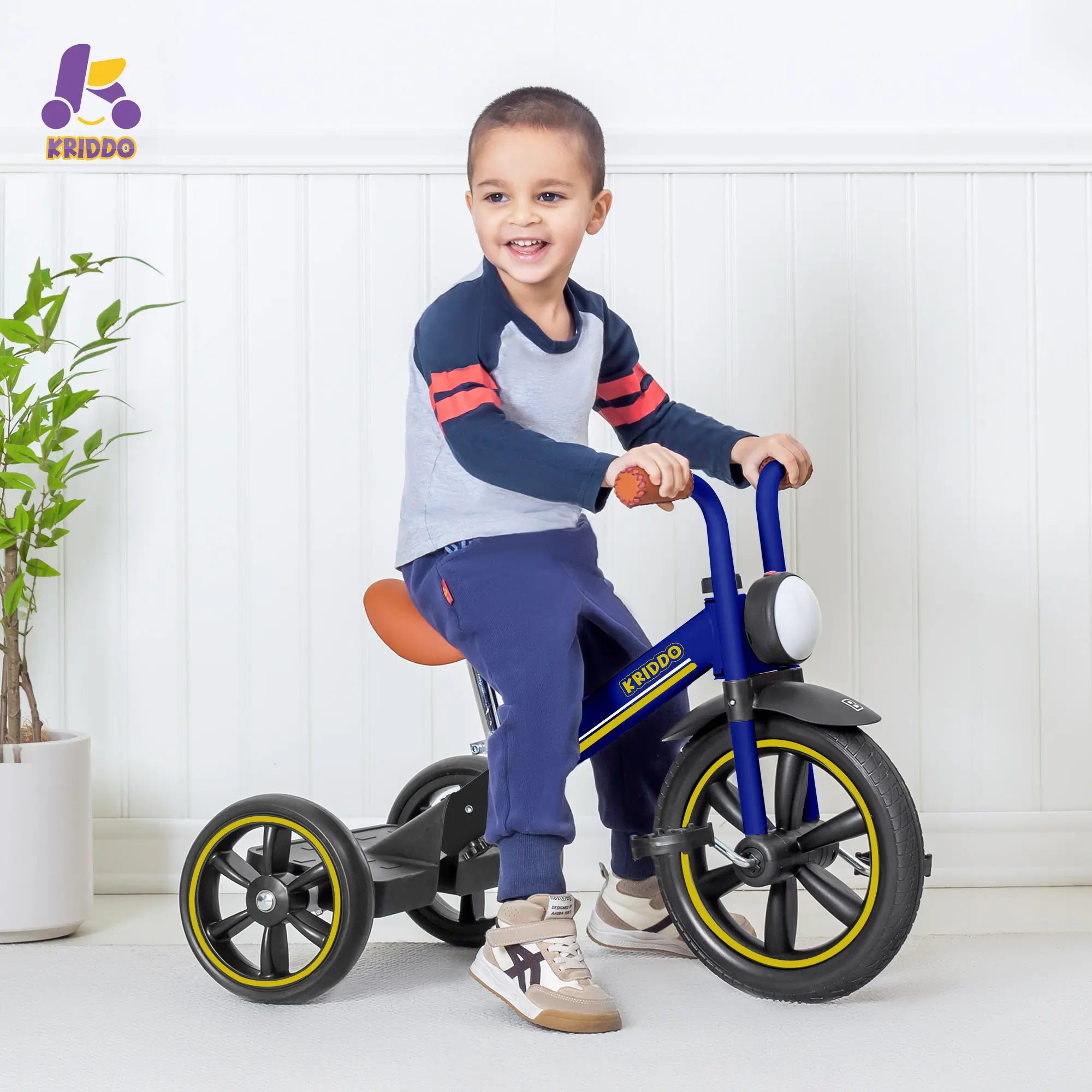 KRIDDO Kids Tricycle with Headlight and Pedals for 2 to 5 Years Old Blue