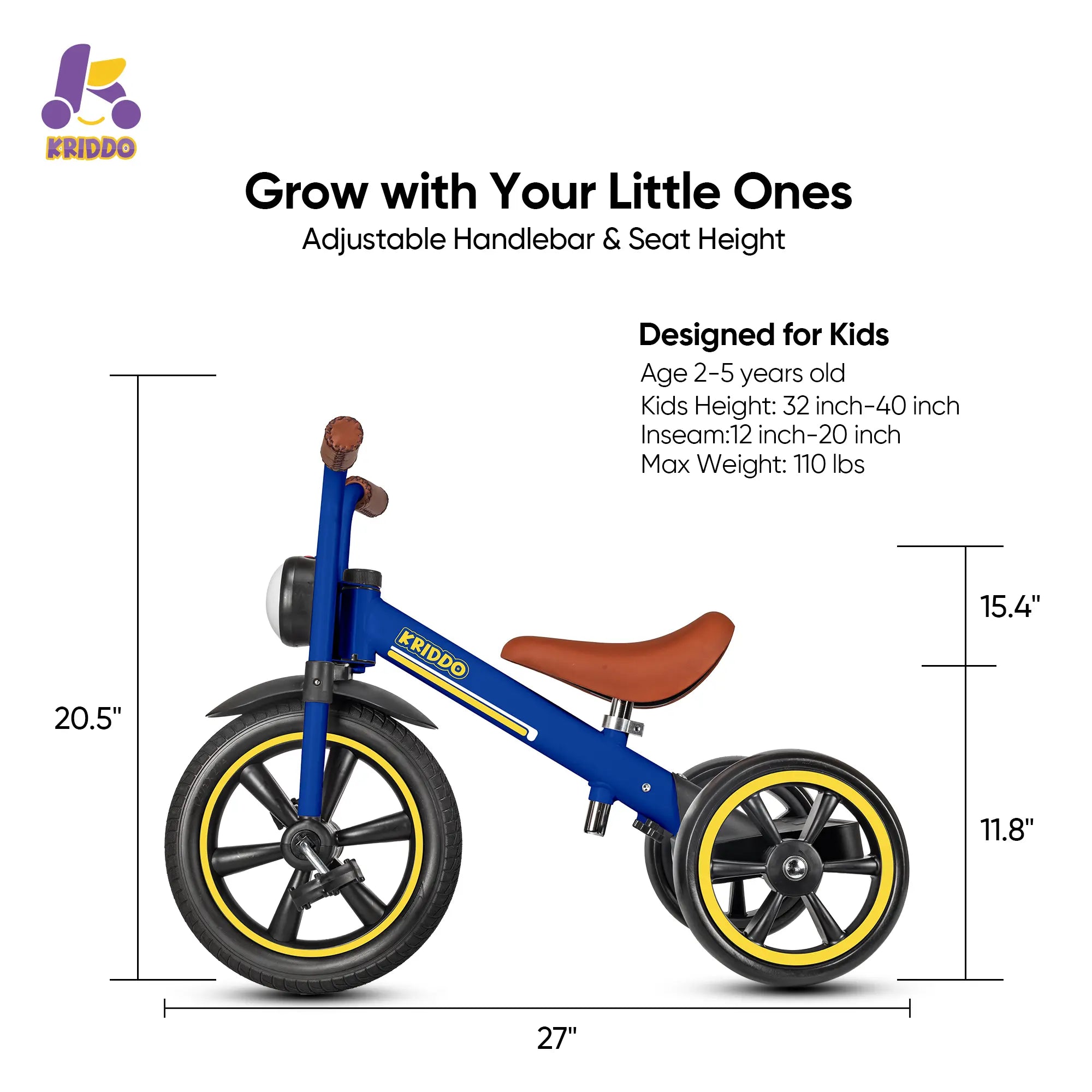 KRIDDO Kids Tricycle with Headlight and Pedals for 2 to 5 Years Old Blue