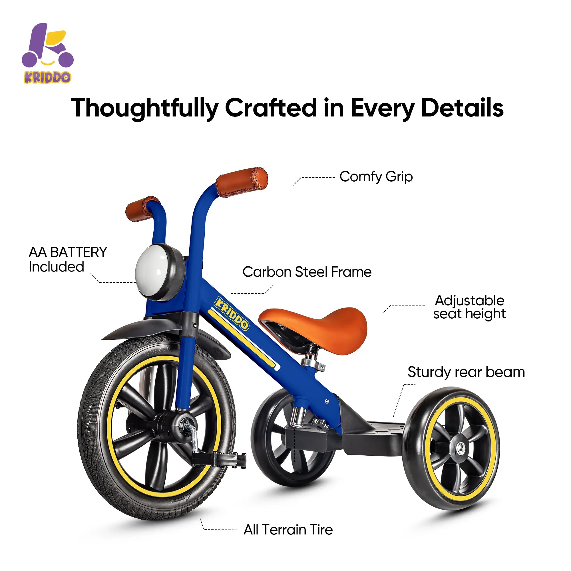 KRIDDO Kids Tricycle with Headlight and Pedals for 2 to 5 Years Old Blue