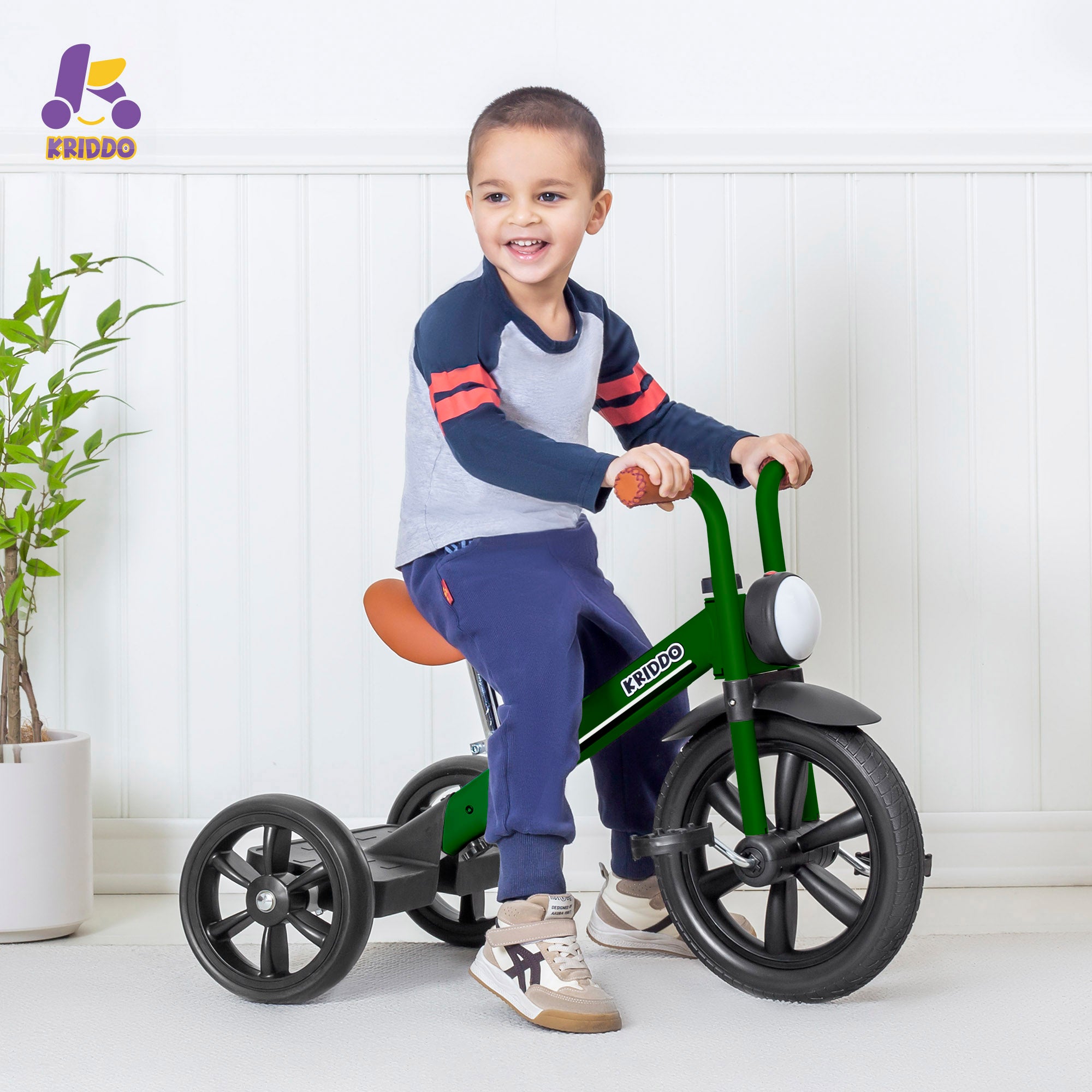 KRIDDO Kids Tricycle with Headlight and Pedals for 2 to 5 Years Old Green