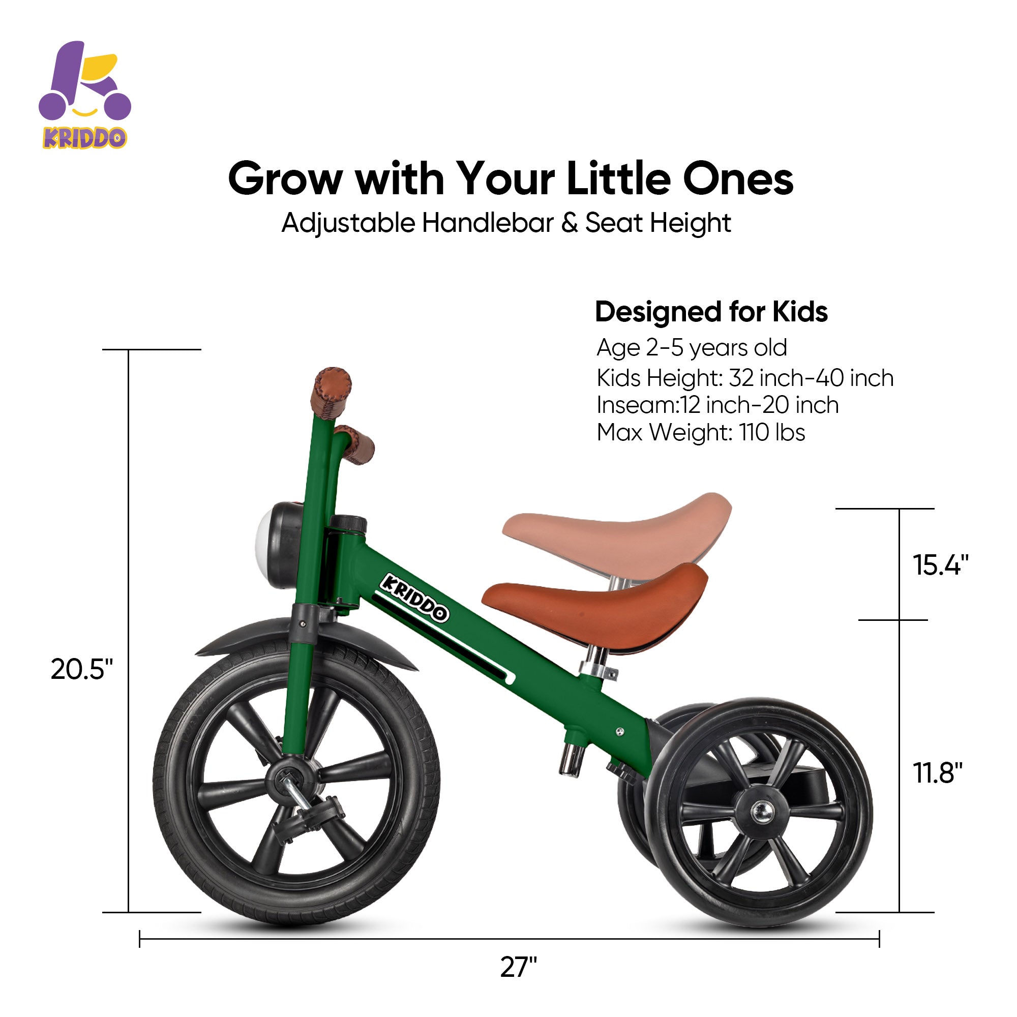 KRIDDO Kids Tricycle with Headlight and Pedals for 2 to 5 Years Old Green