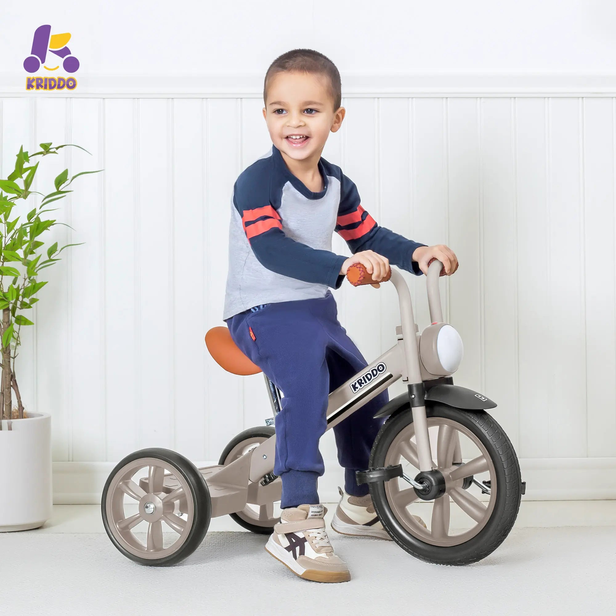 KRIDDO Kids Tricycle with Headlight and Pedals for 2 to 5 Years Old Grey