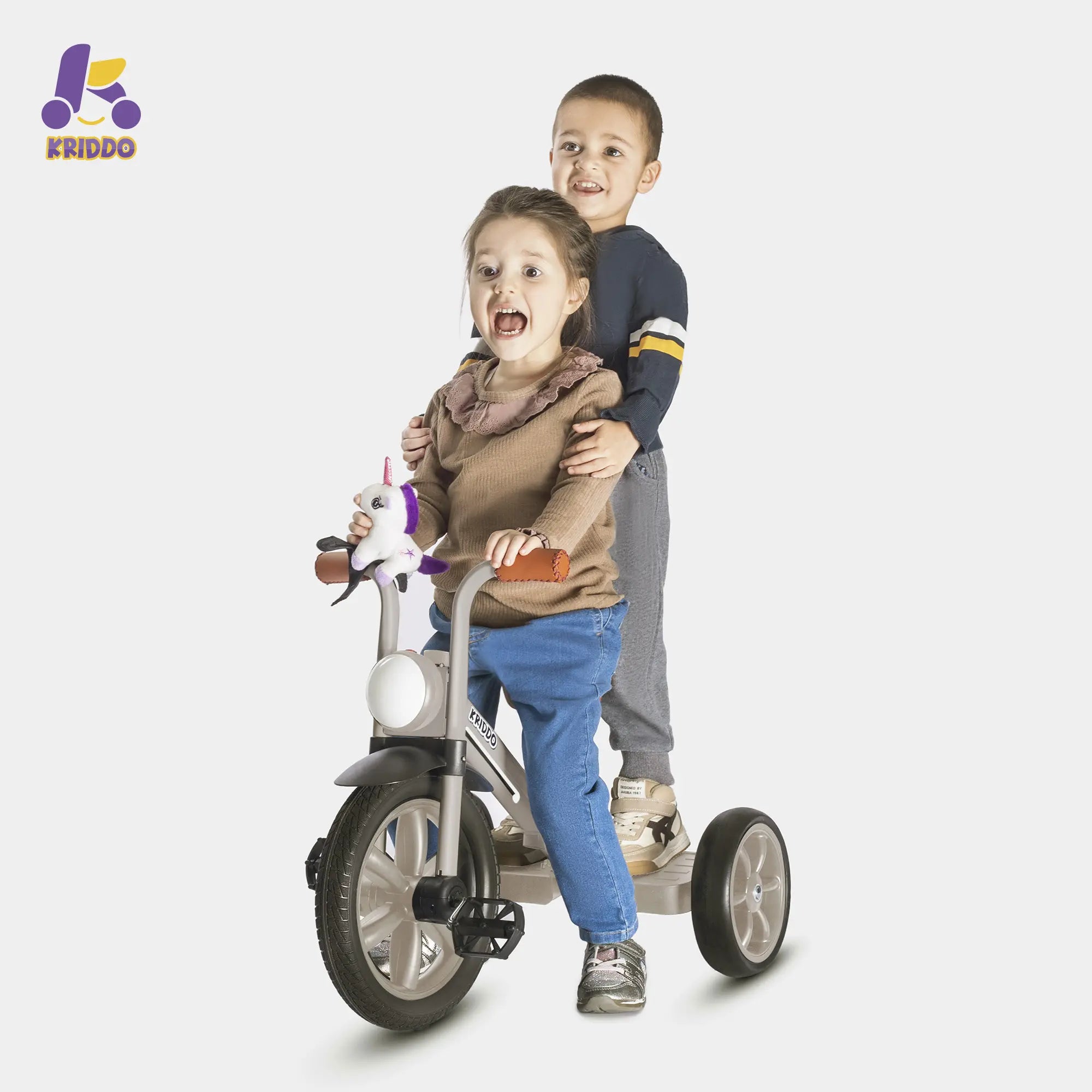 Two kids on KRIDDO grey pedal trike