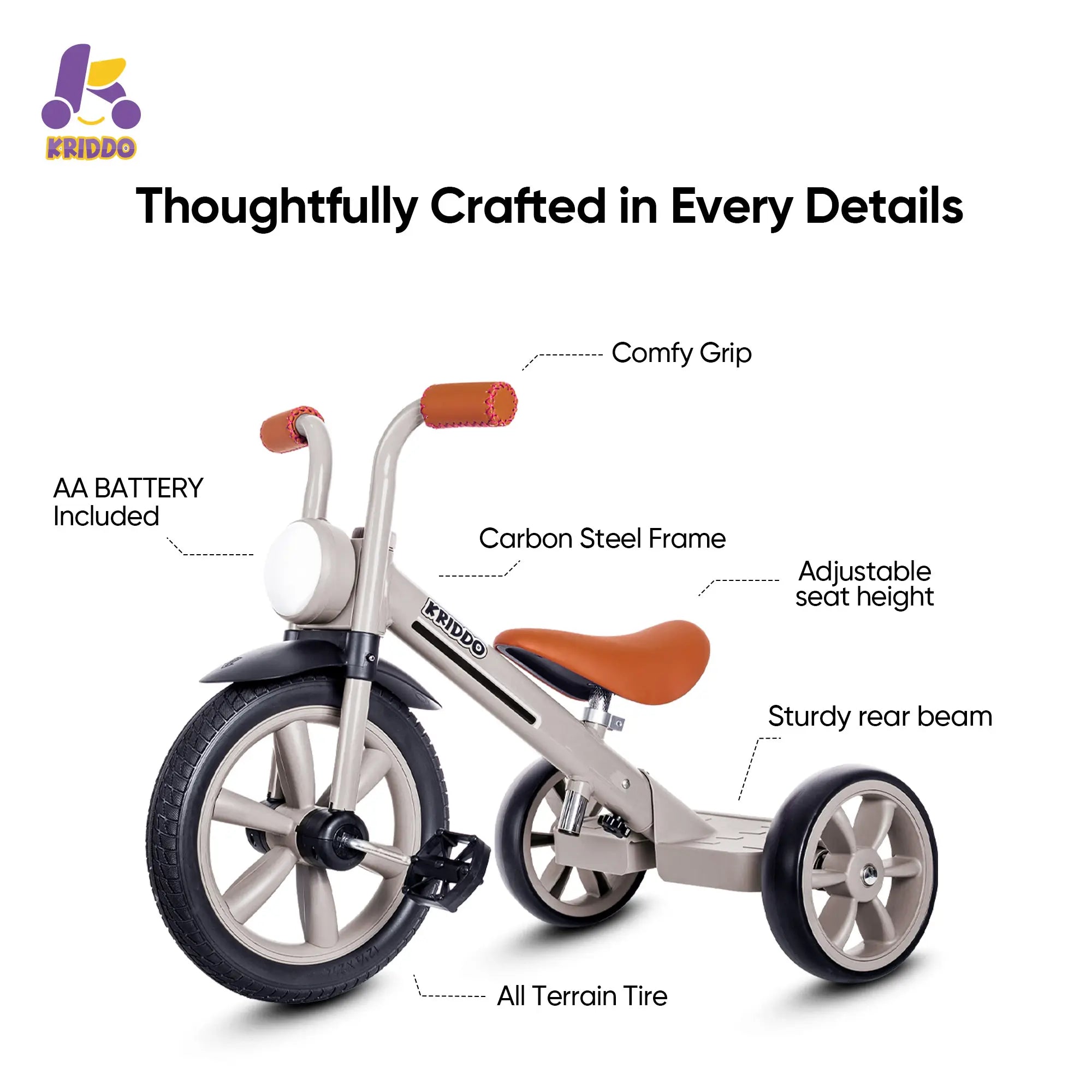 KRIDDO Kids Tricycle with Headlight and Pedals for 2 to 5 Years Old Grey