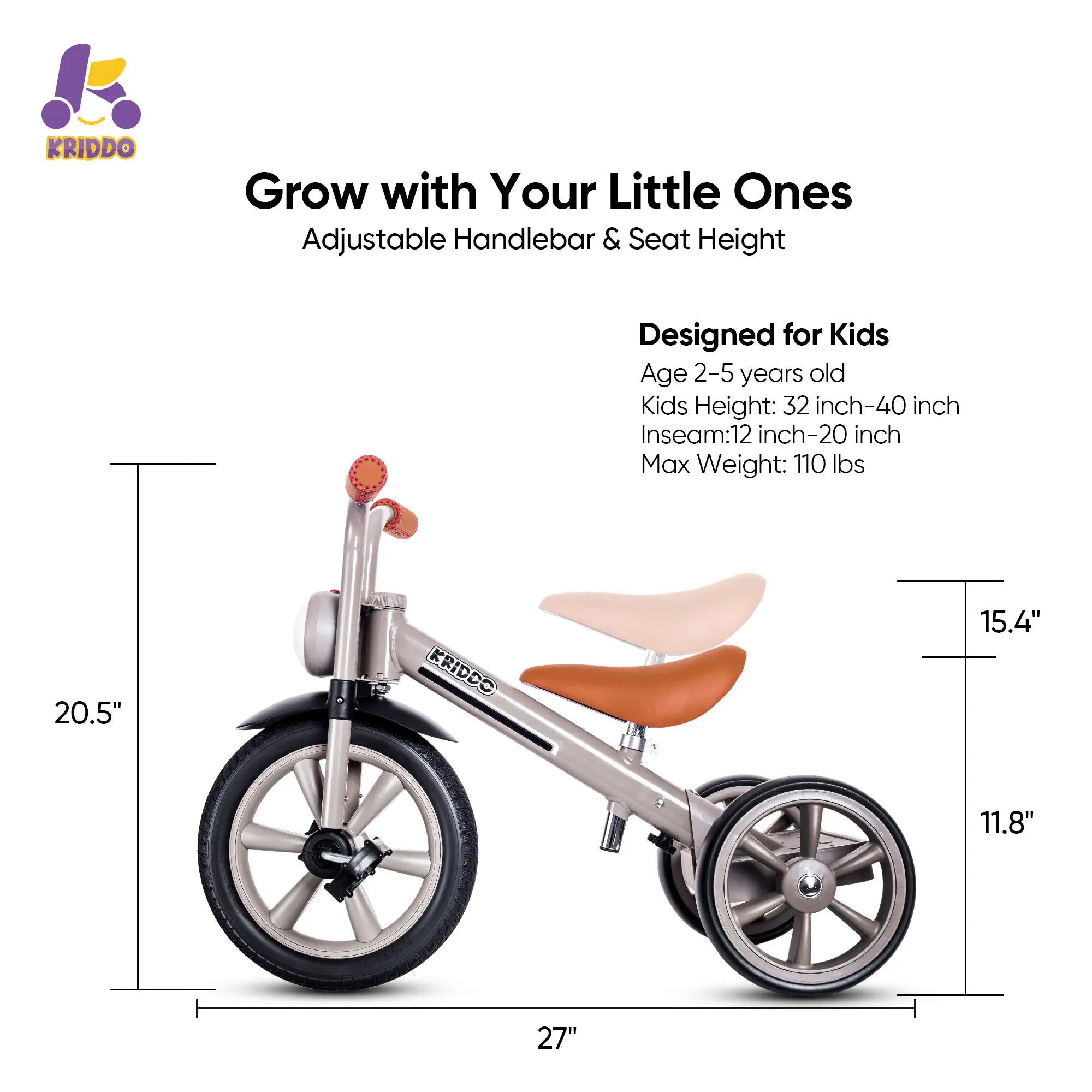 KRIDDO Kids Tricycle with Headlight and Pedals for 2 to 5 Years Old Grey
