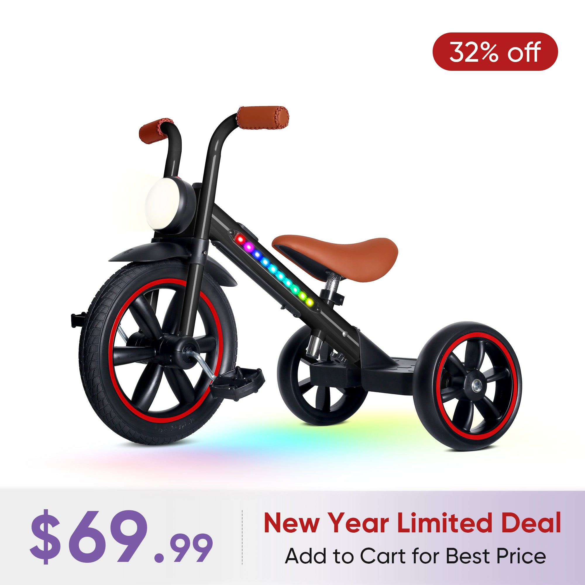 KRIDDO Kids Motorbike Style Light Up Tricycle with Front Light for 2 to 5 Years Old Black