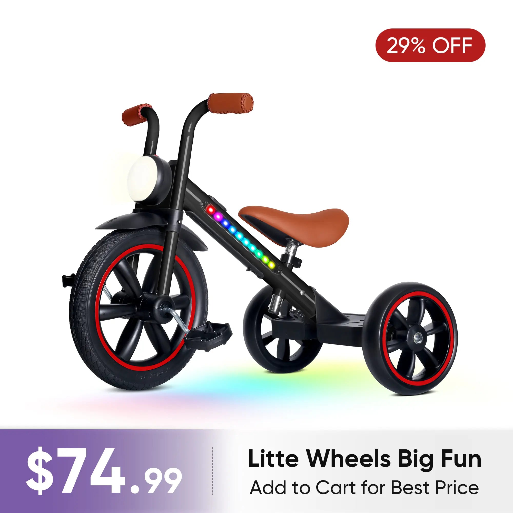 KRIDDO Kids Motorbike Style Light Up Tricycle with Front Light for 2 to 5 Years Old Black