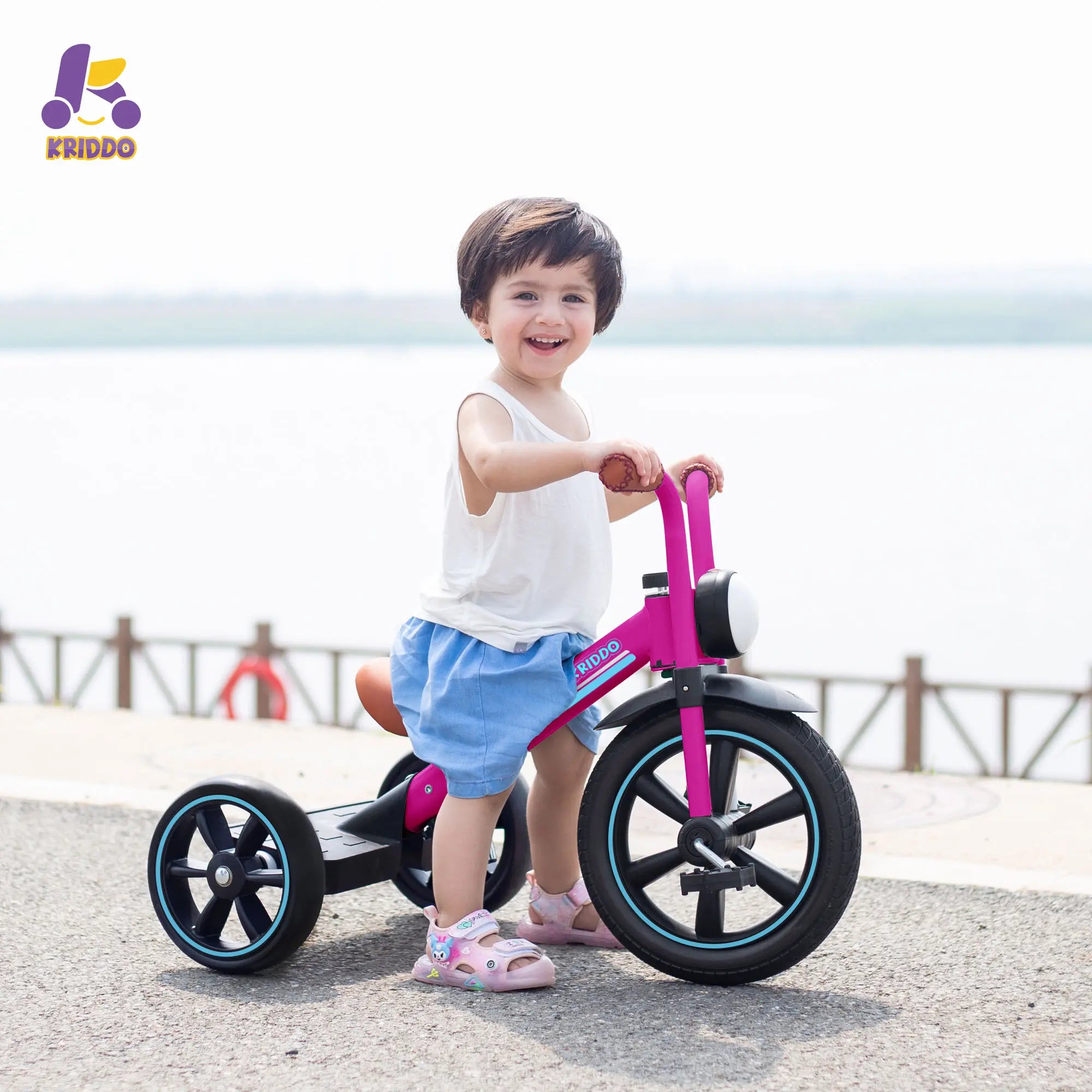 KRIDDO Kids Tricycle with Headlight and Pedals for 2 to 5 Years Old Pink