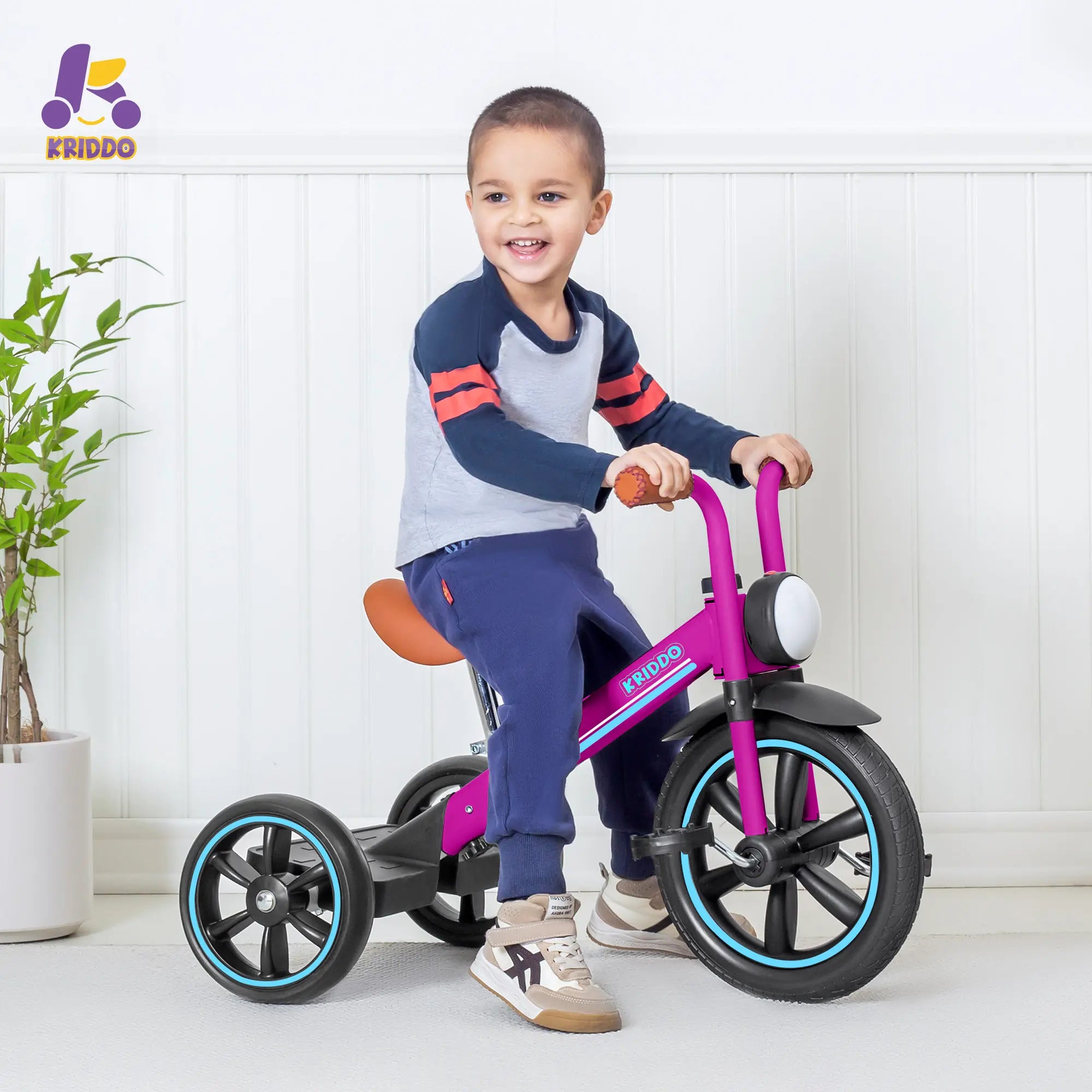 KRIDDO Kids Tricycle with Headlight and Pedals for 2 to 5 Years Old Pink
