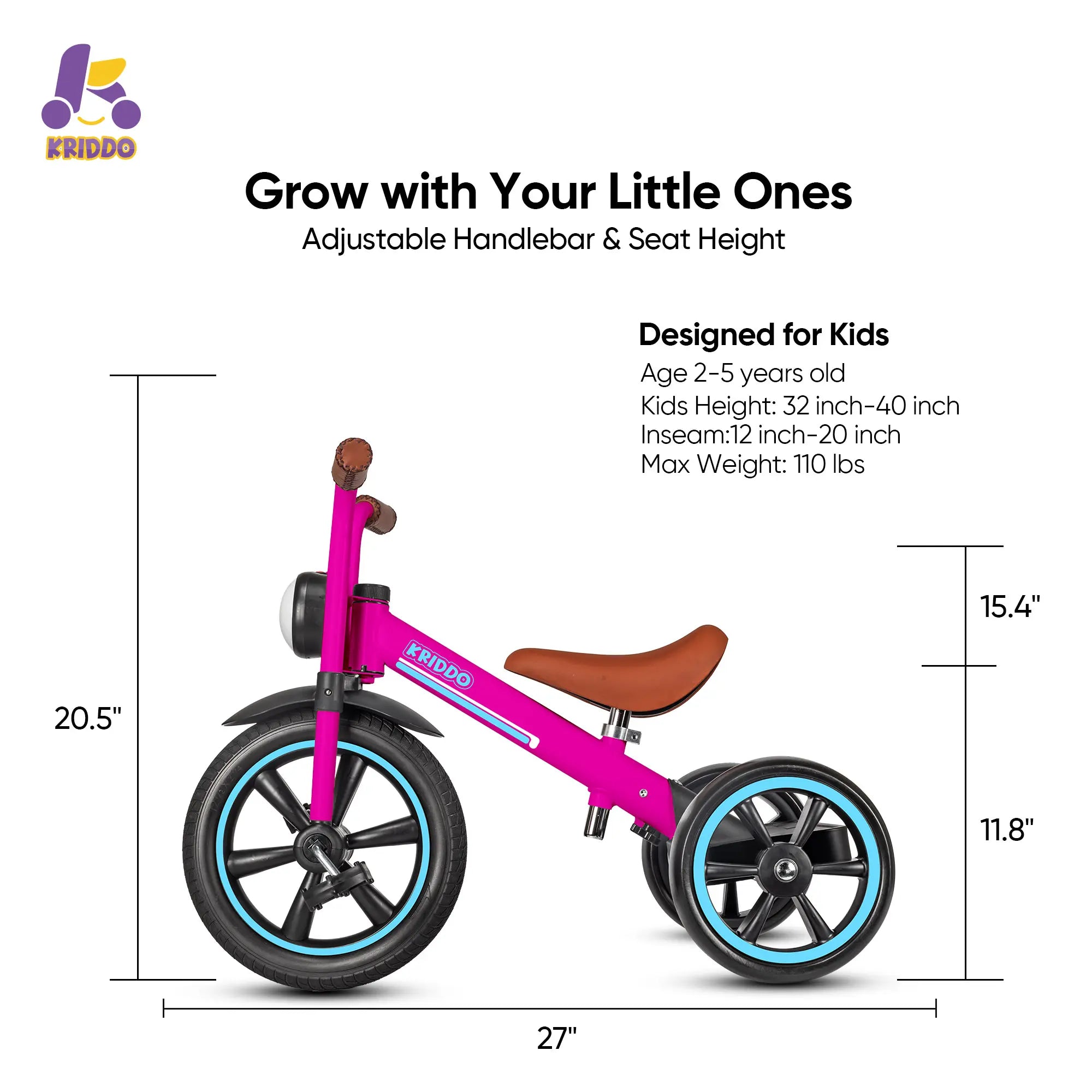 KRIDDO Kids Tricycle with Headlight and Pedals for 2 to 5 Years Old Pink