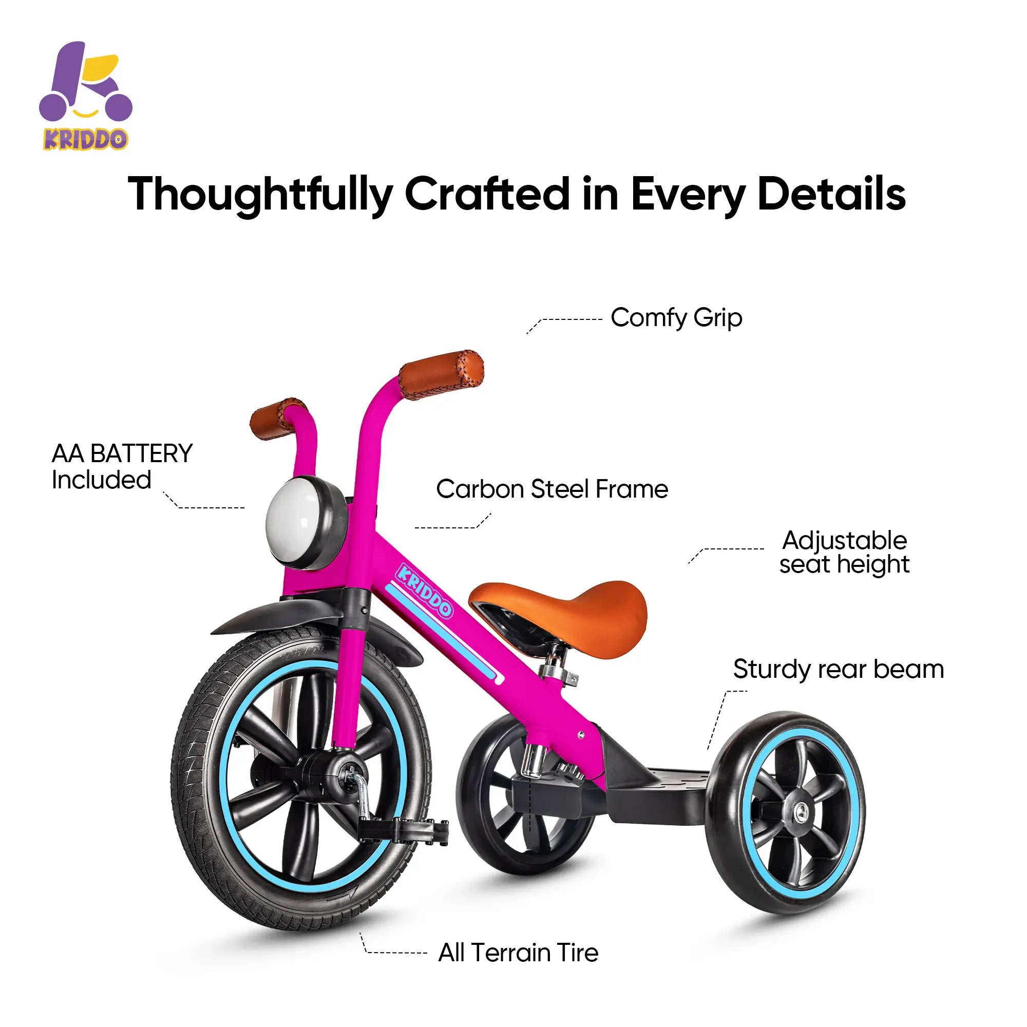 KRIDDO Kids Tricycle with Headlight and Pedals for 2 to 5 Years Old Pink