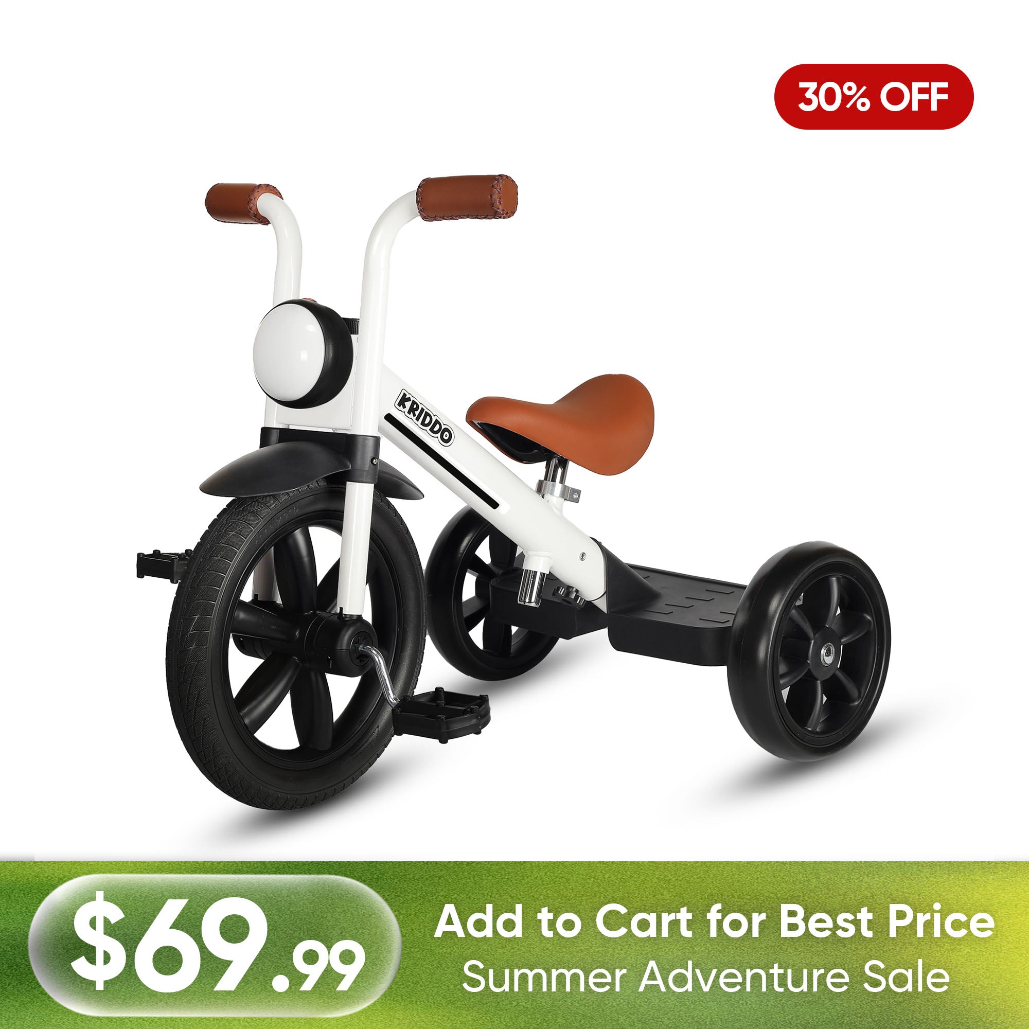 KRIDDO Kids Pedal Tricycle with Headlight for 2 to 5 Years Old White