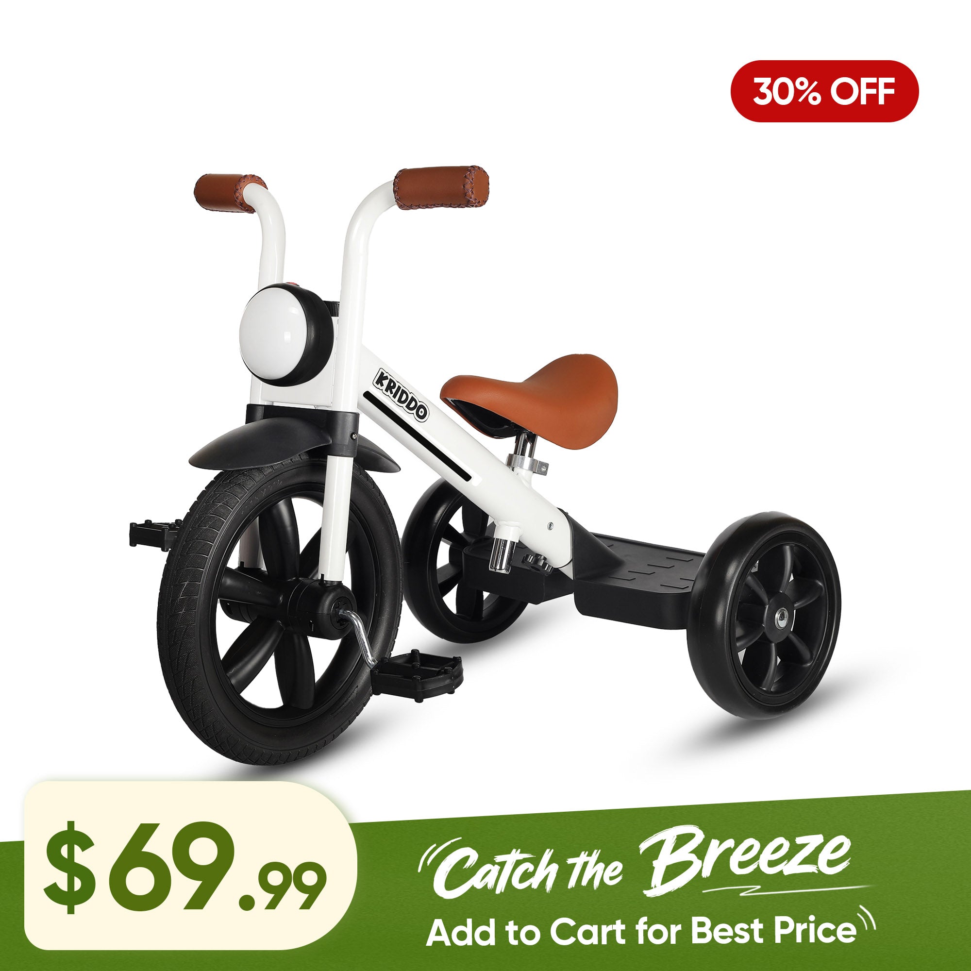 KRIDDO Kids Pedal Tricycle with Headlight for 2 to 5 Years Old White