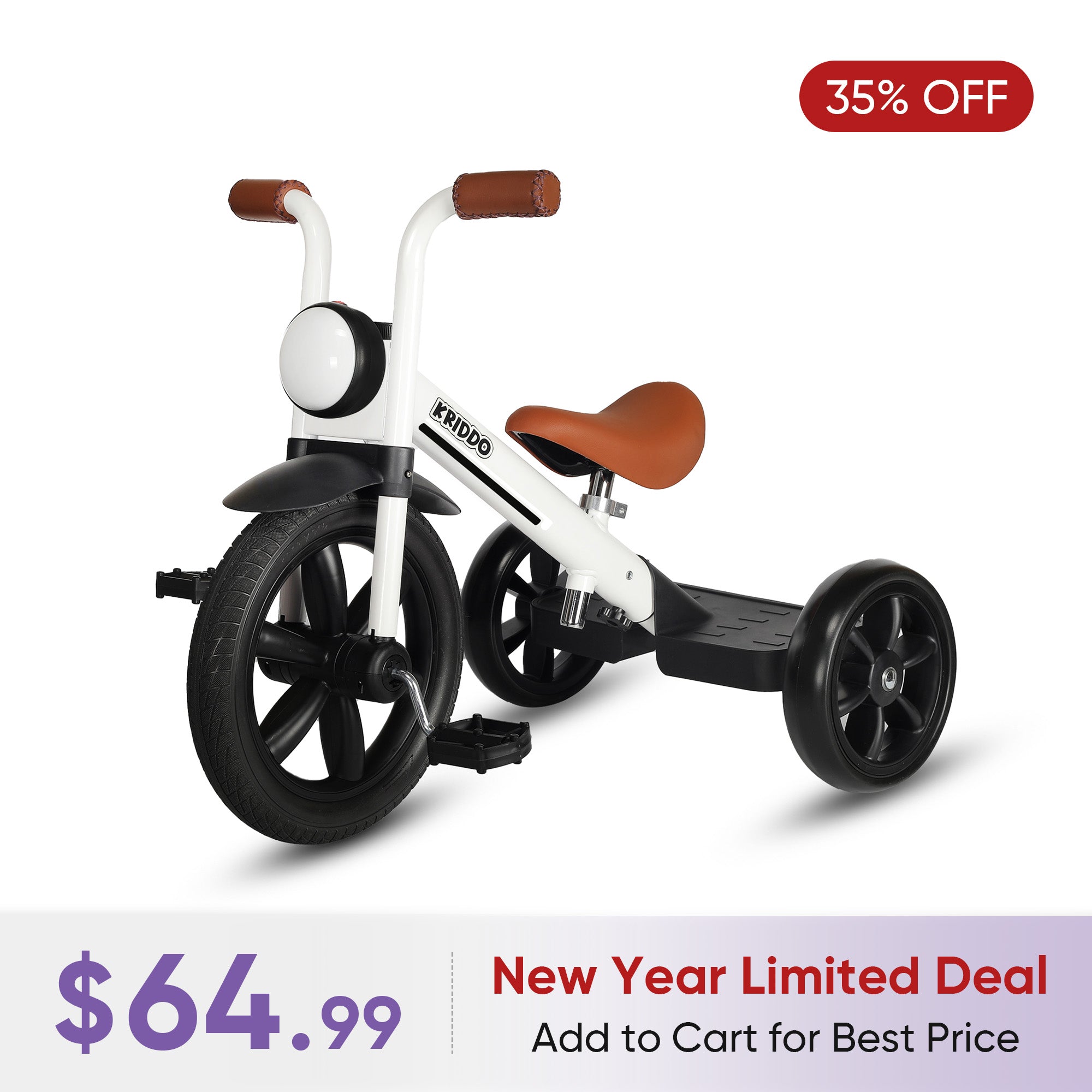 KRIDDO Kids Pedal Tricycle with Headlight for 2 to 5 Years Old White