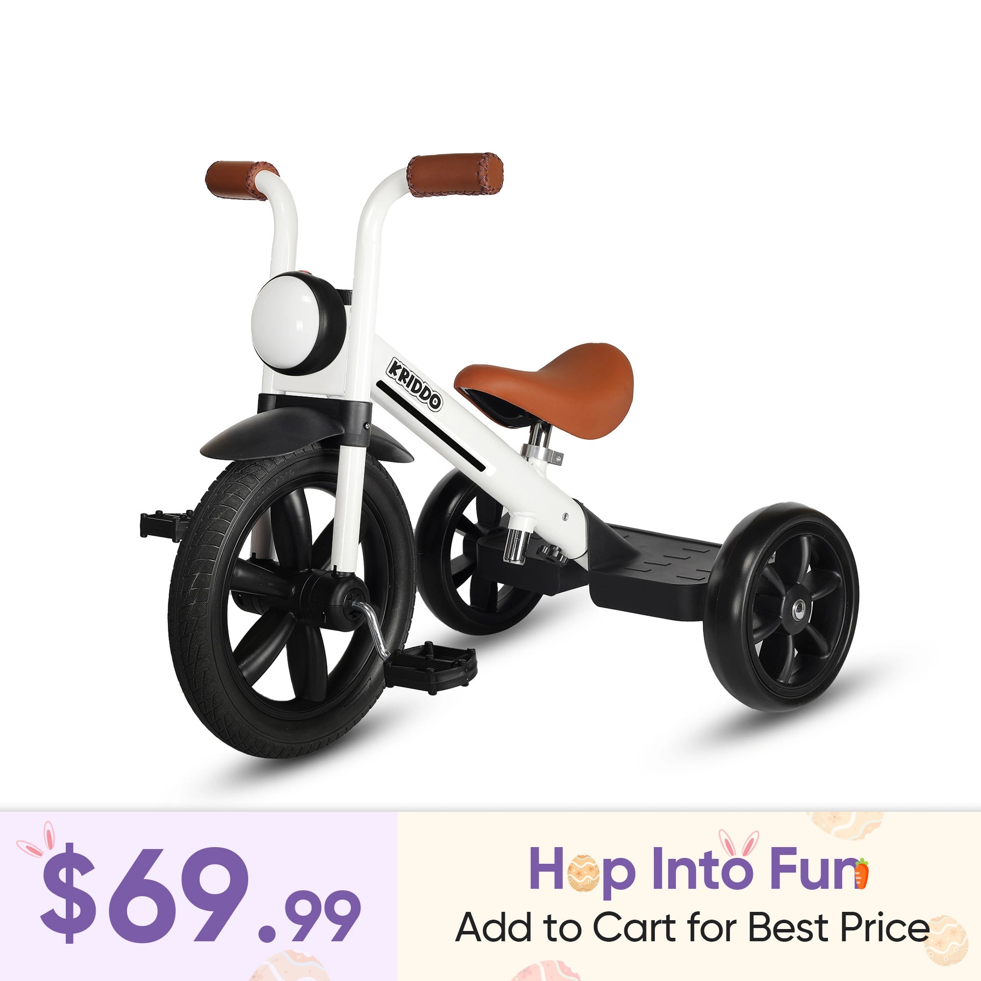KRIDDO Kids Pedal Tricycle with Headlight for 2 to 5 Years Old White
