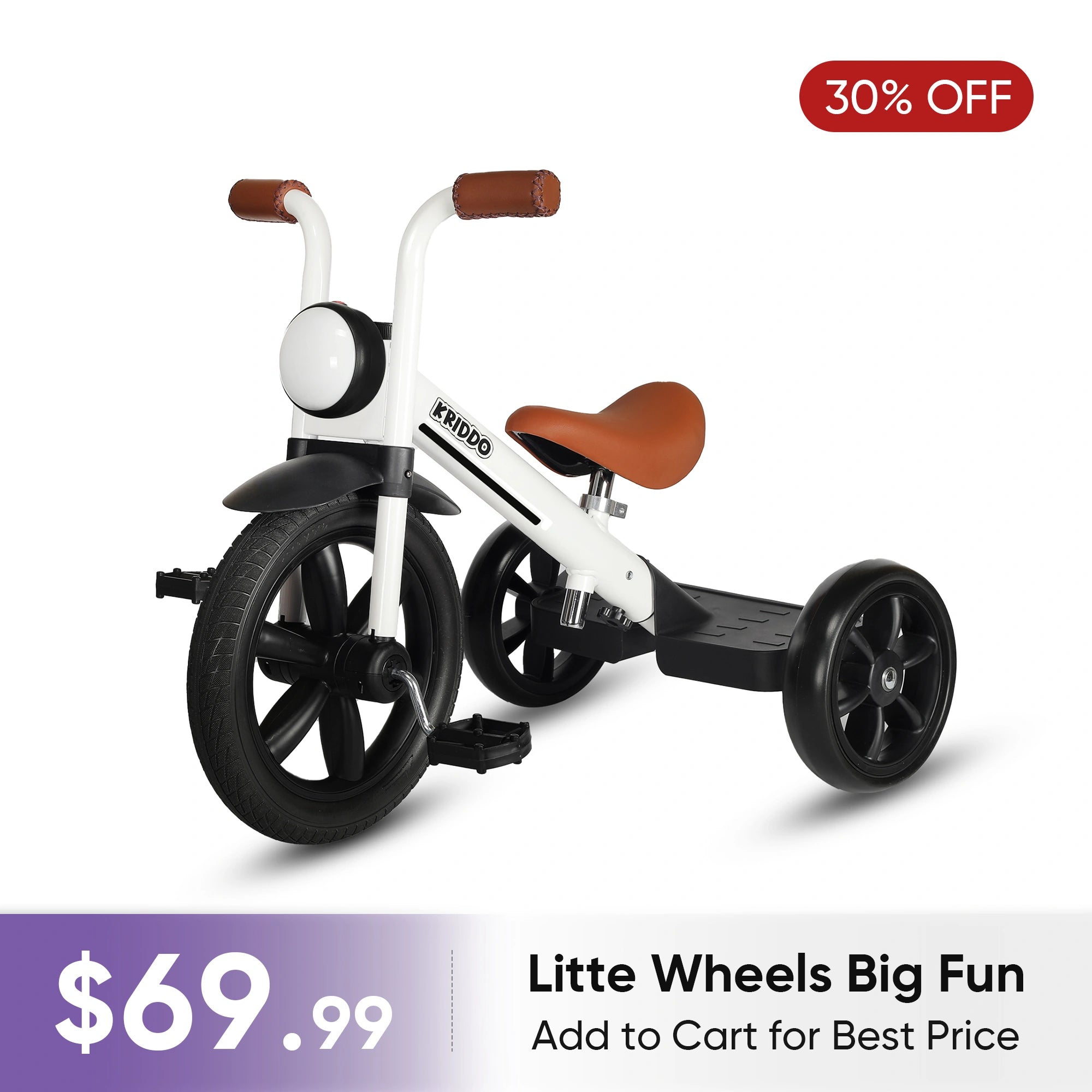 KRIDDO Kids Pedal Tricycle with Headlight for 2 to 5 Years Old White