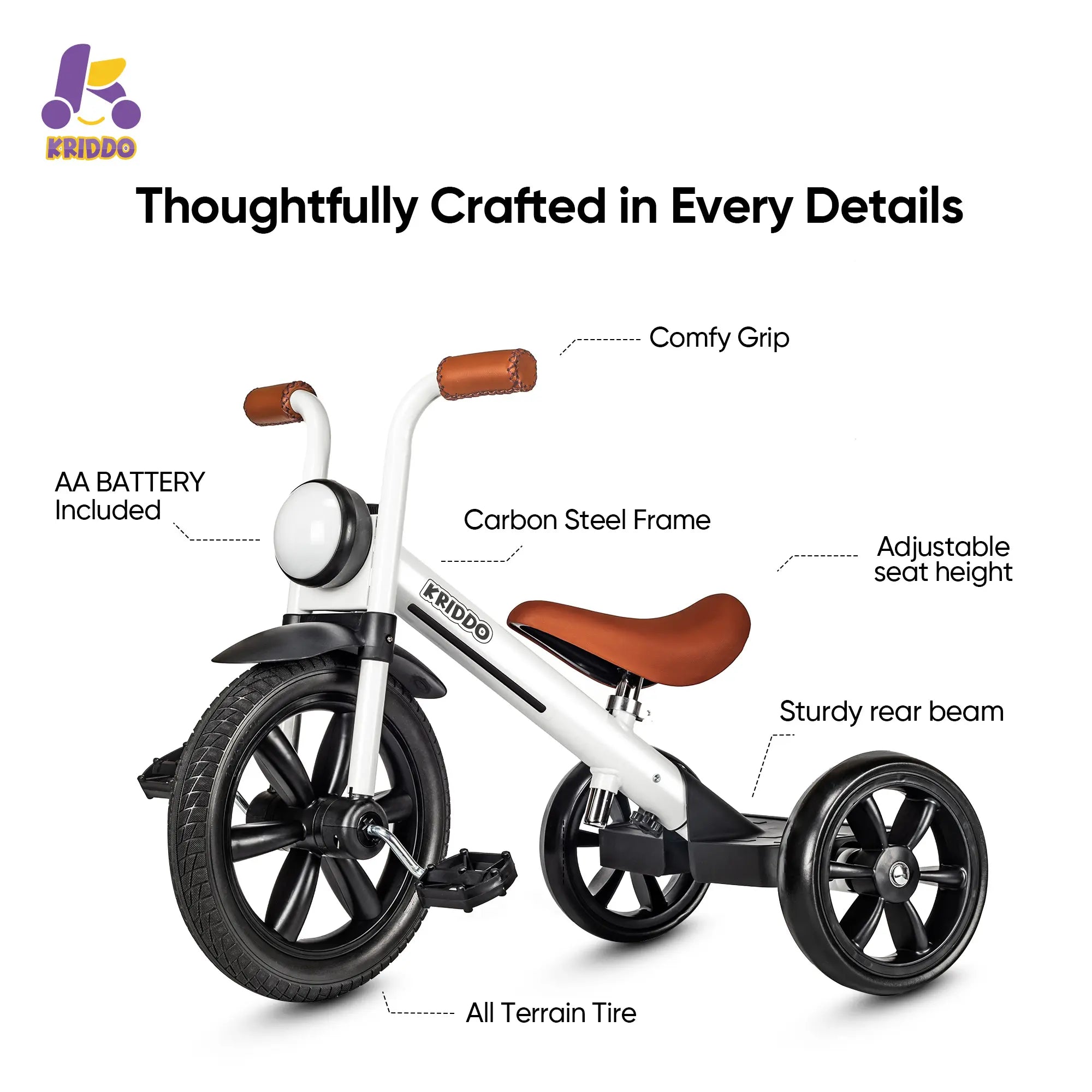 KRIDDO Kids Tricycle with Headlight and Pedals for 2 to 5 Years Old White