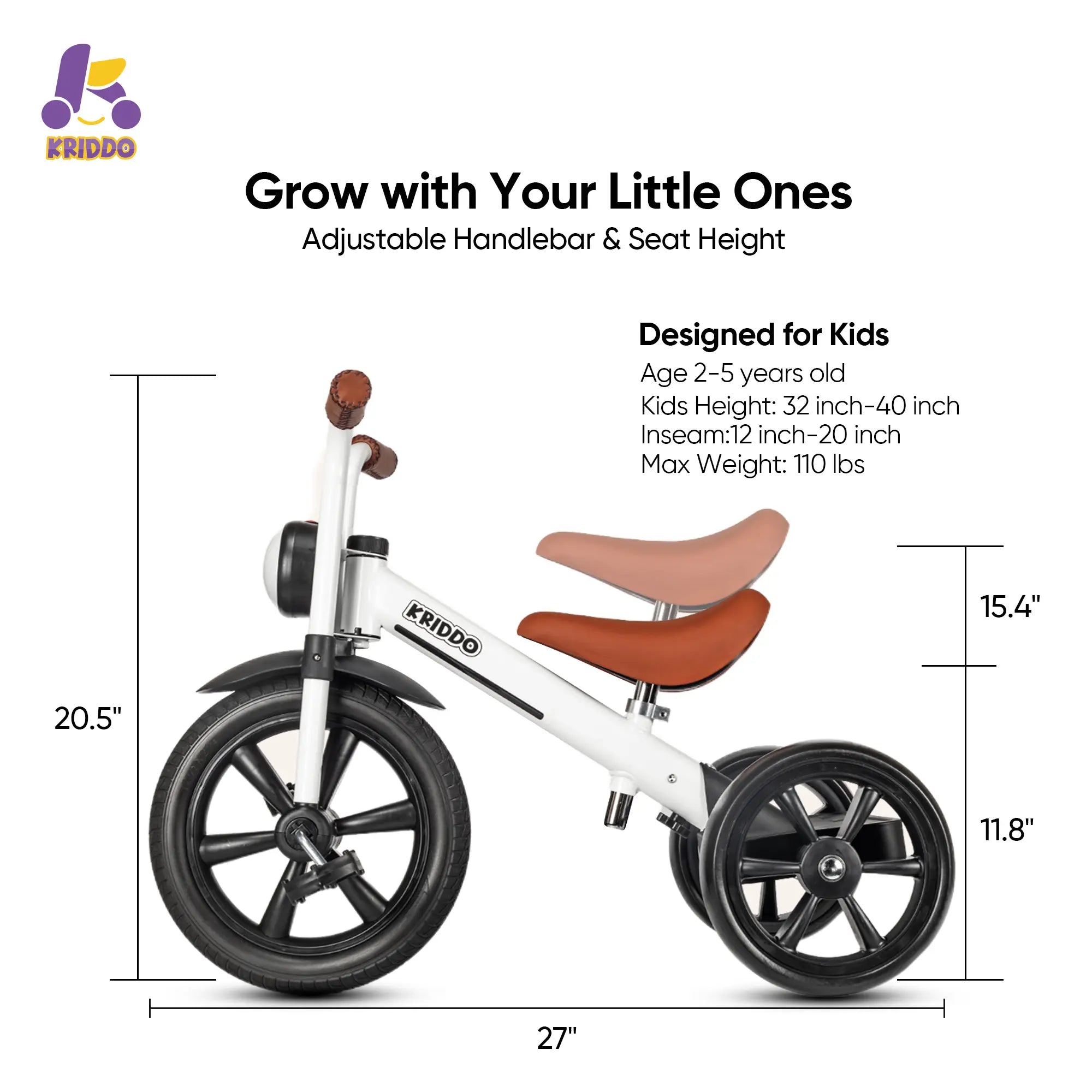 KRIDDO Kids Tricycle with Headlight and Pedals for 2 to 5 Years Old White