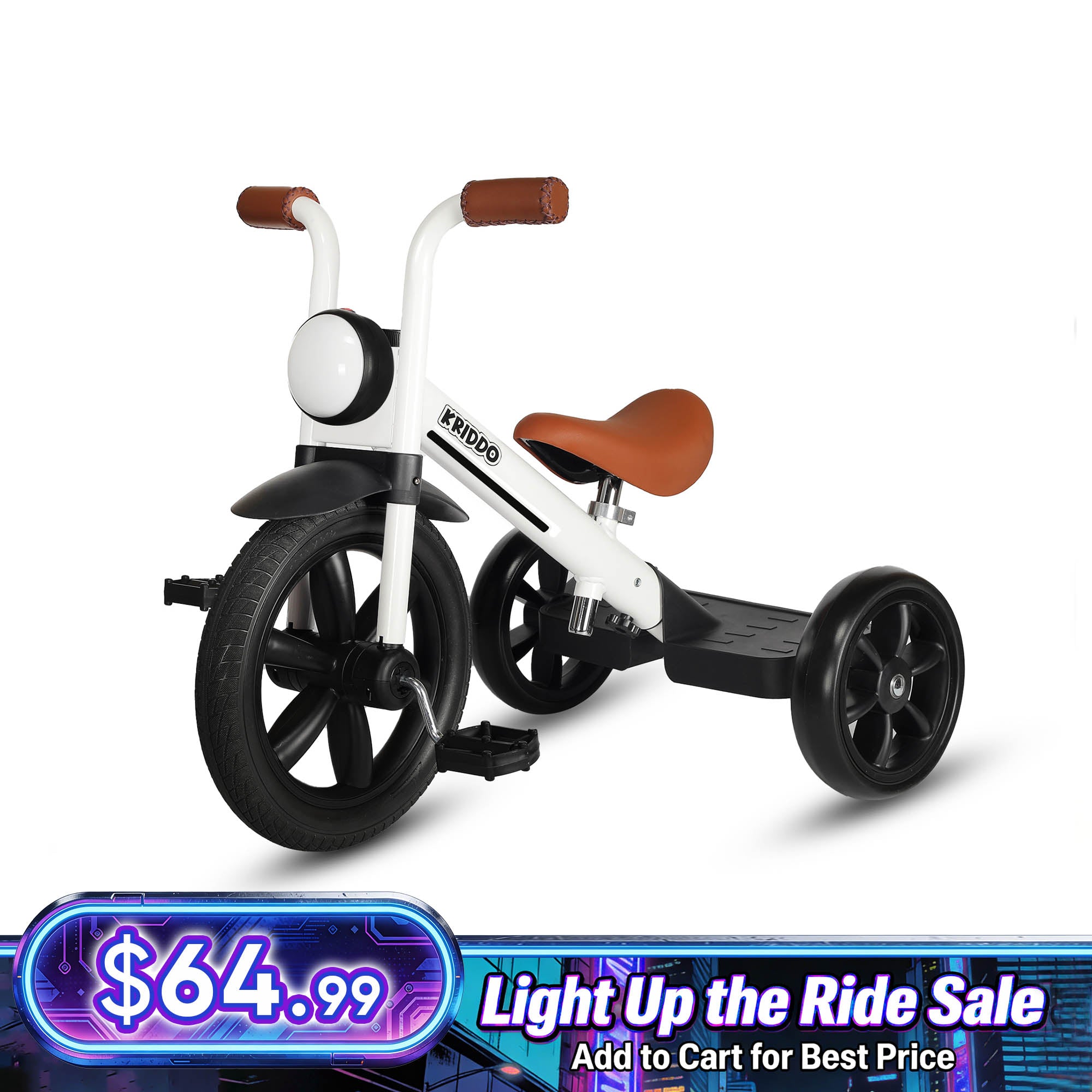 KRIDDO Kids Pedal Tricycle with Headlight for 2 to 5 Years Old White