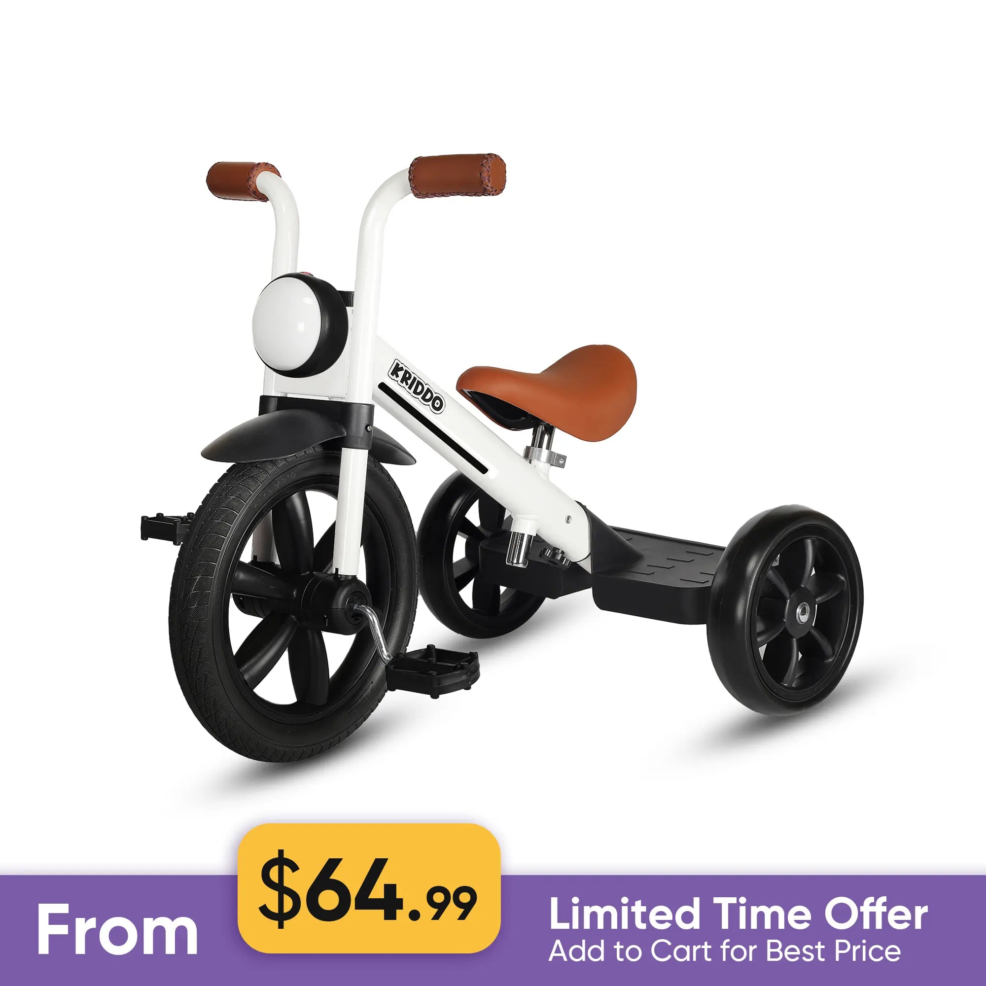 KRIDDO Kids Pedal Tricycle with Headlight for 2 to 5 Years Old White