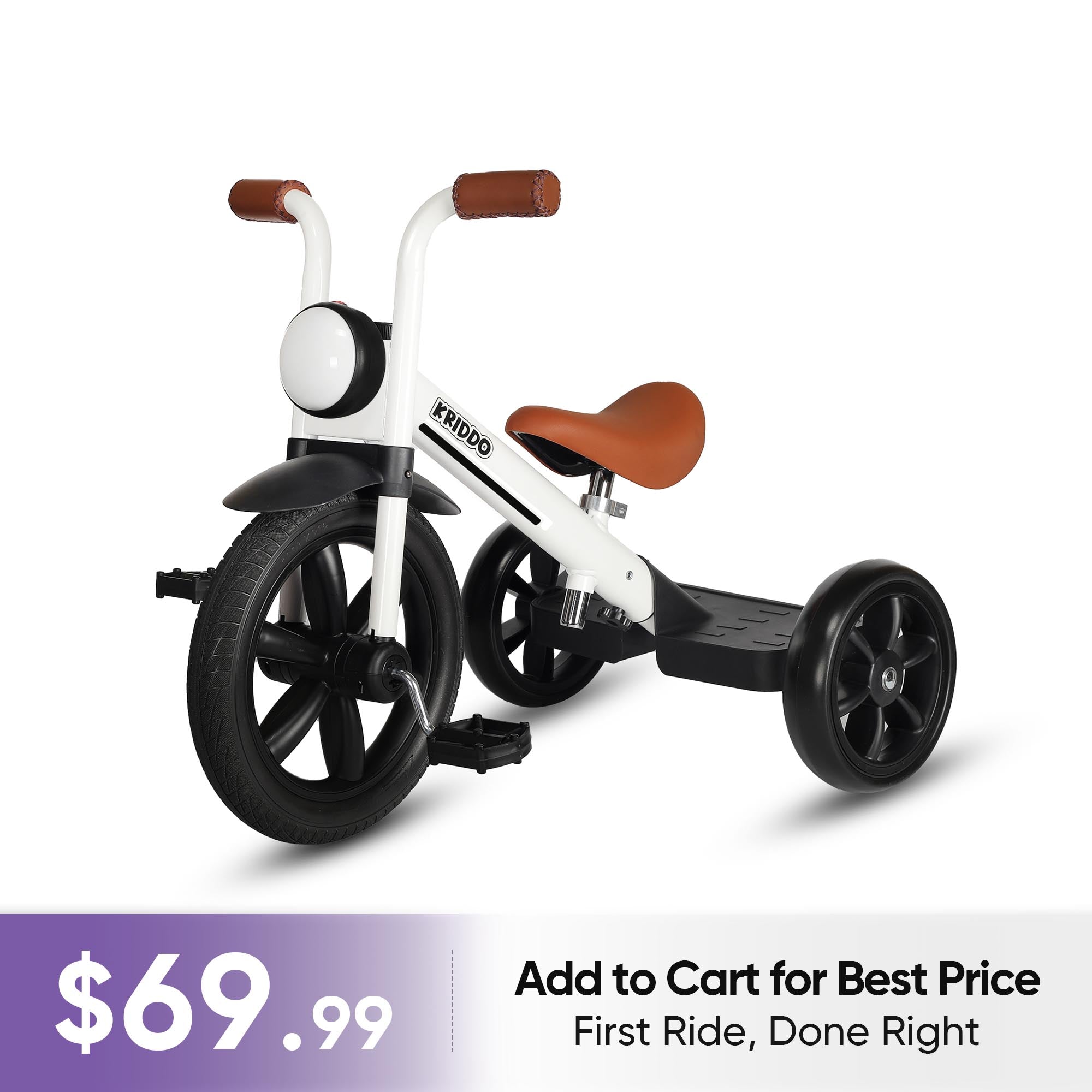 KRIDDO Kids Pedal Tricycle with Headlight for 2 to 5 Years Old White