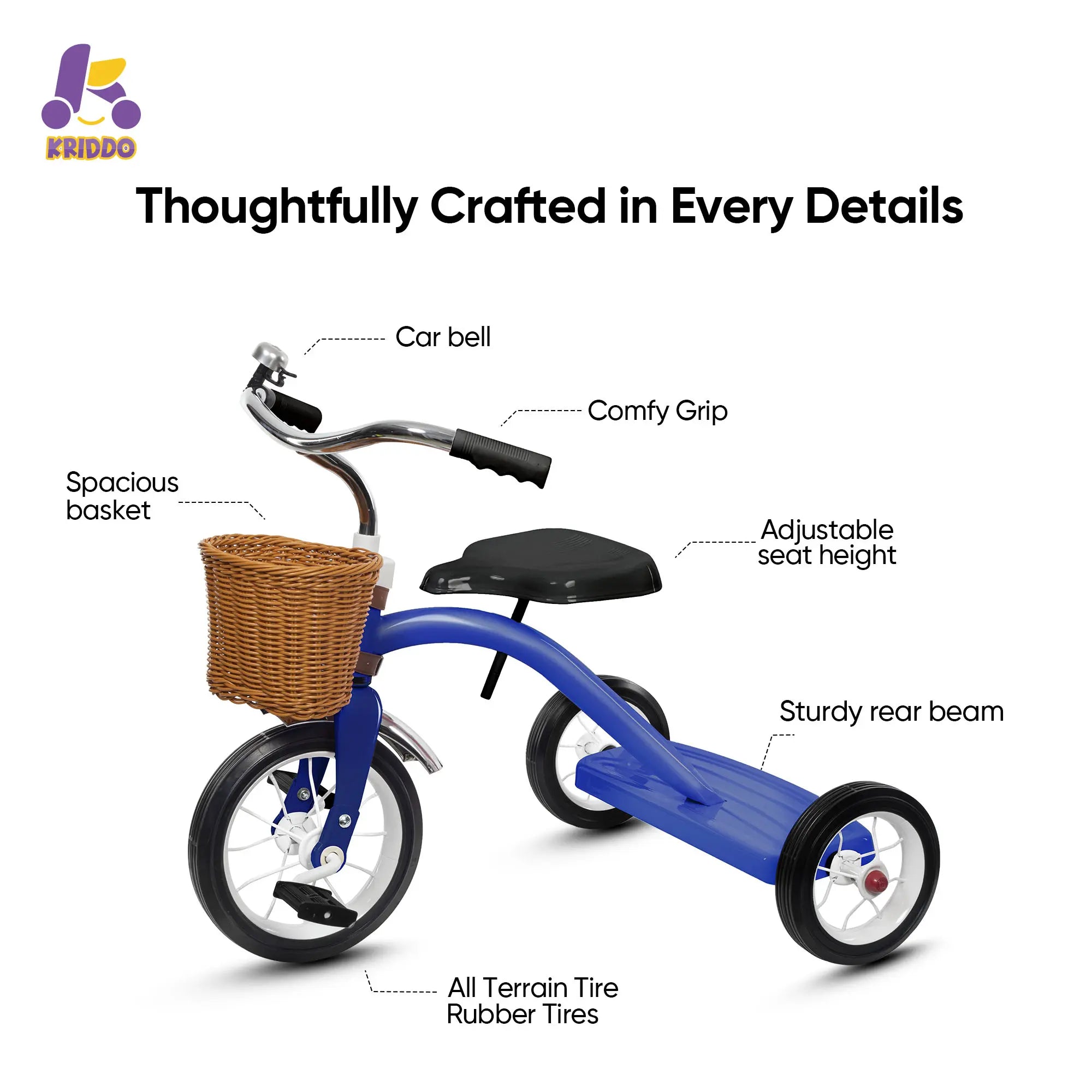 KRIDDO Metal Classic Tricycle with Removable basket for 2 to 4 Years Old Blue