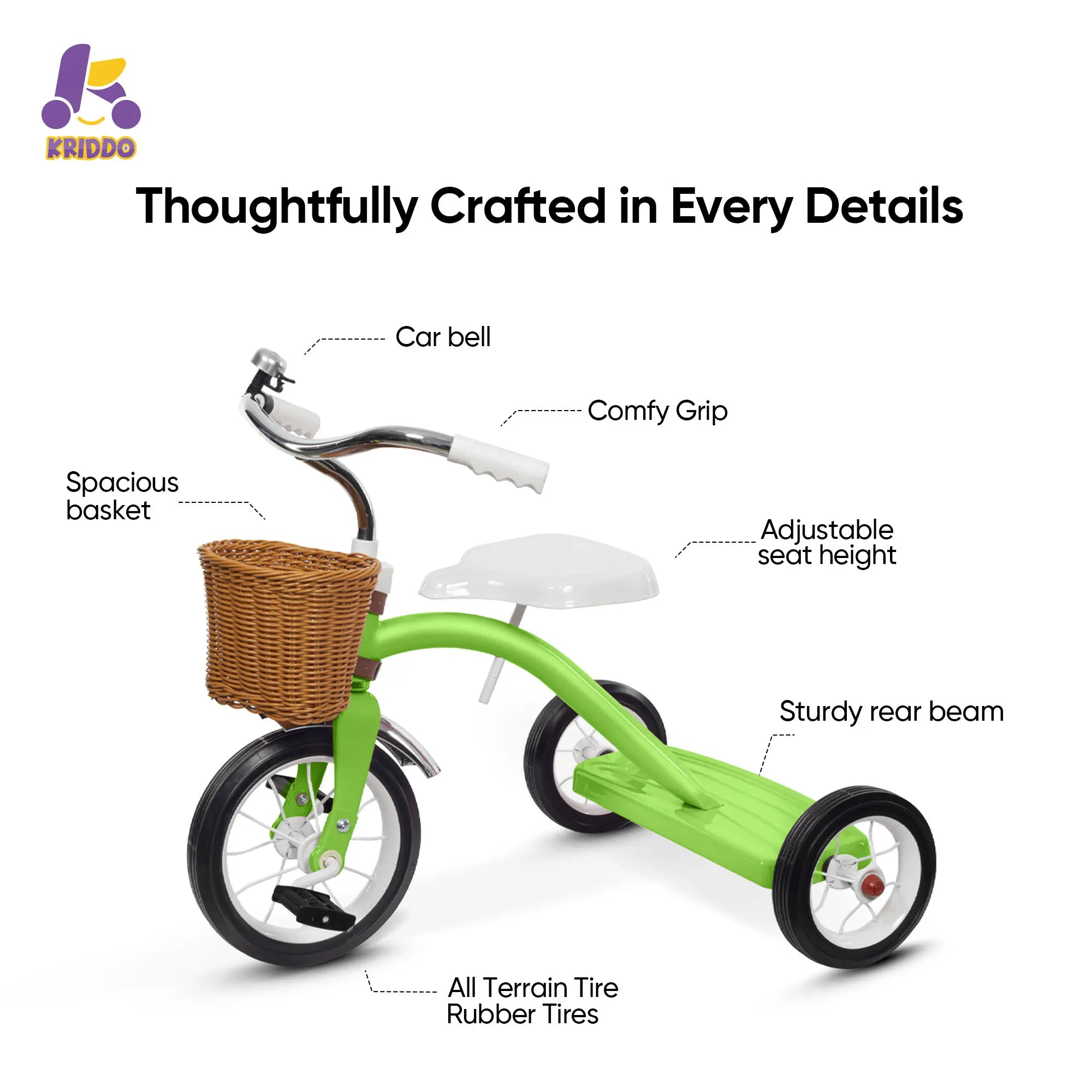KRIDDO Metal Classic Tricycle with Removable basket for 2 to 4 Years Old Green Details