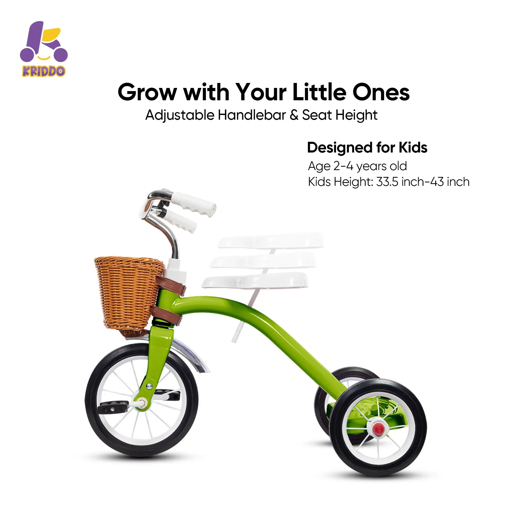 KRIDDO Green Metal Classic Tricycle with Adjustable Handlebar and Seat