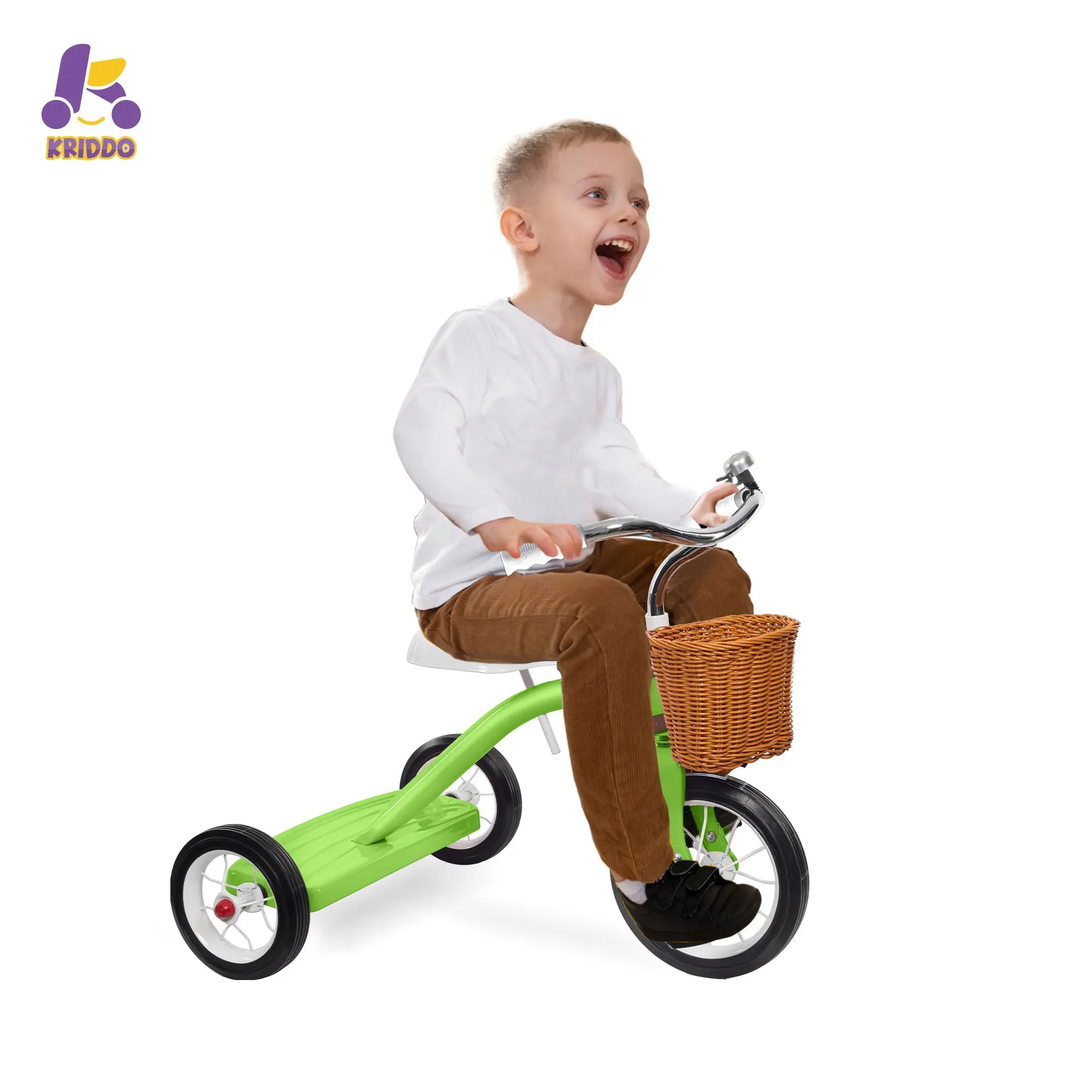 Little boy riding KRIDDO green metal tricycle with smile