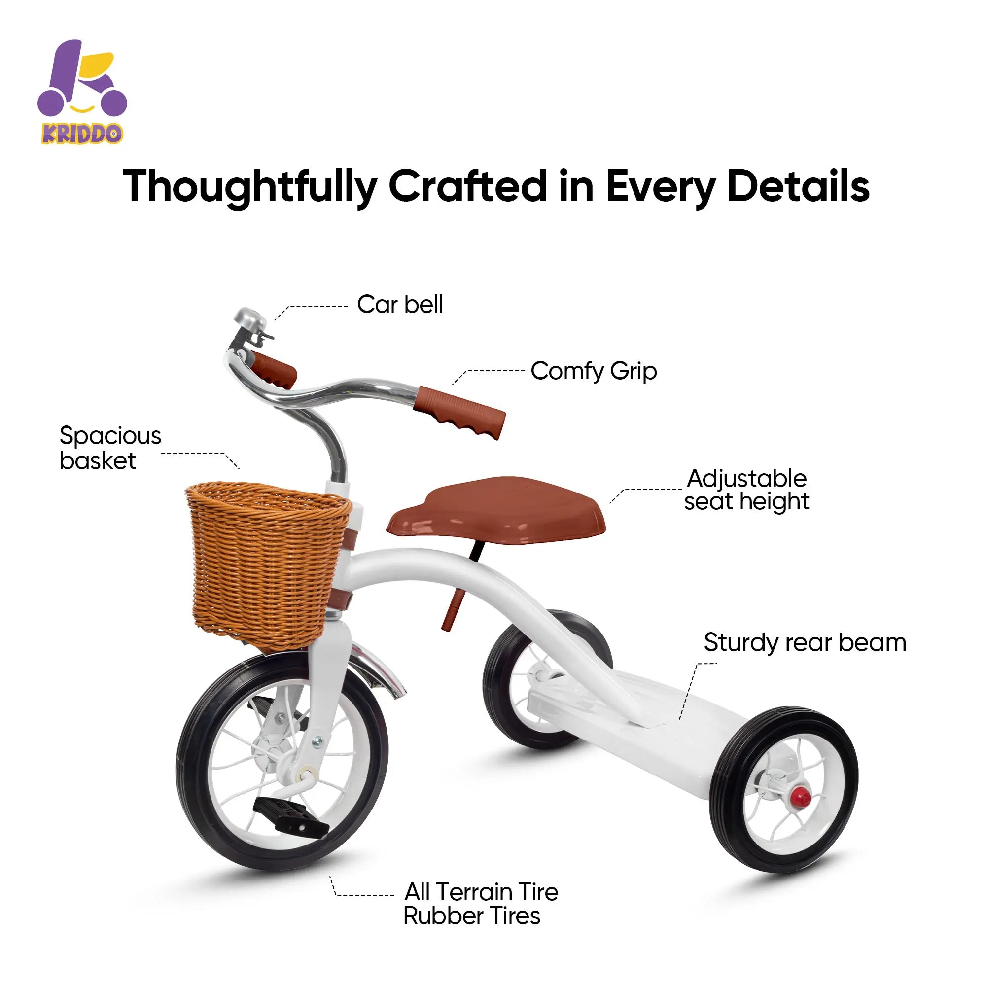 KRIDDO Metal Classic Tricycle with Removable basket for 2 to 4 Years Old White