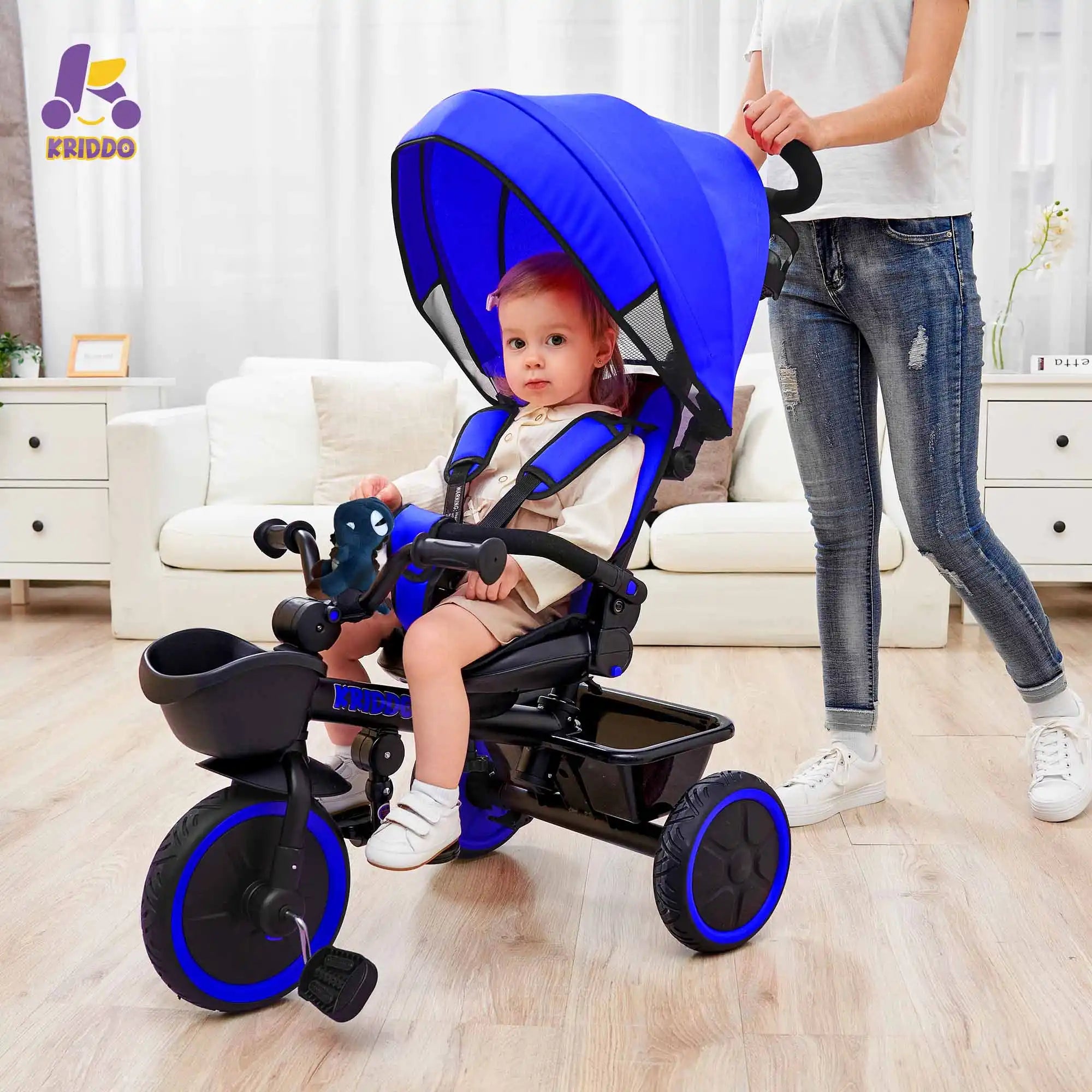 KRIDDO 7-in-1 Kids Tricycle Stroller with Push Handle for 18 Months to 5 Years Old Blue