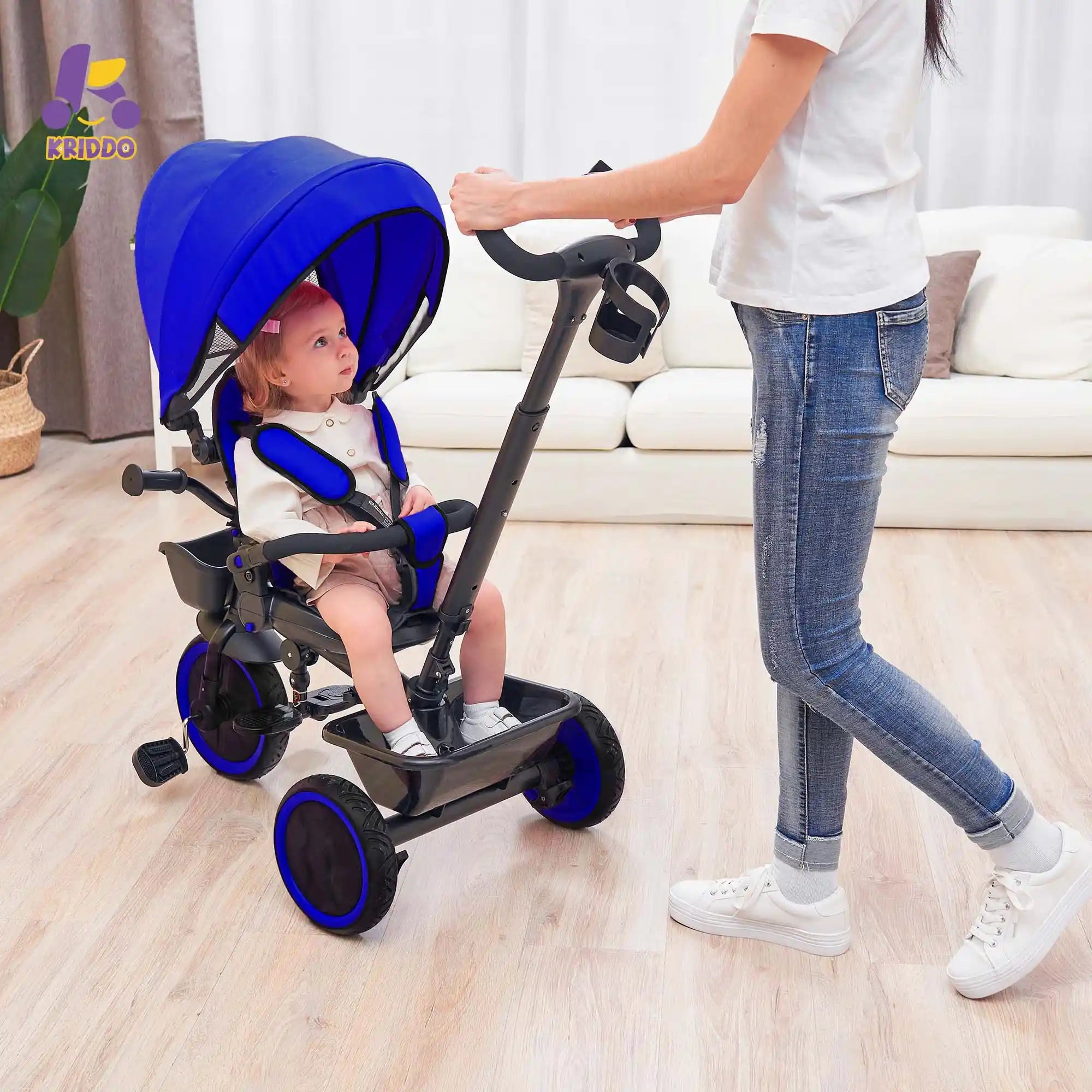 KRIDDO 7-in-1 Kids Tricycle Stroller with Push Handle for 18 Months to 5 Years Old Blue