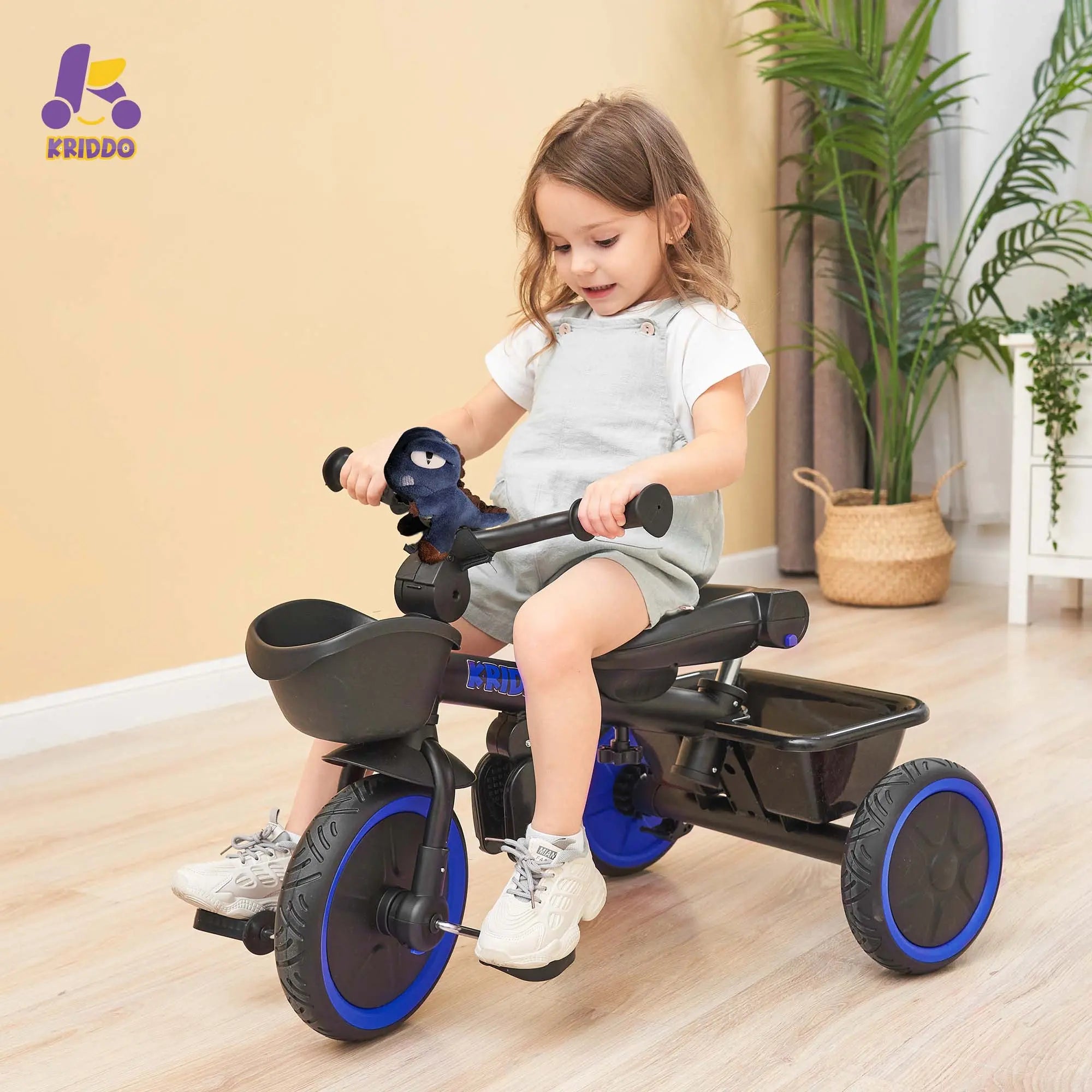 KRIDDO 7-in-1 Kids Tricycle Stroller with Push Handle for 18 Months to 5 Years Old Blue