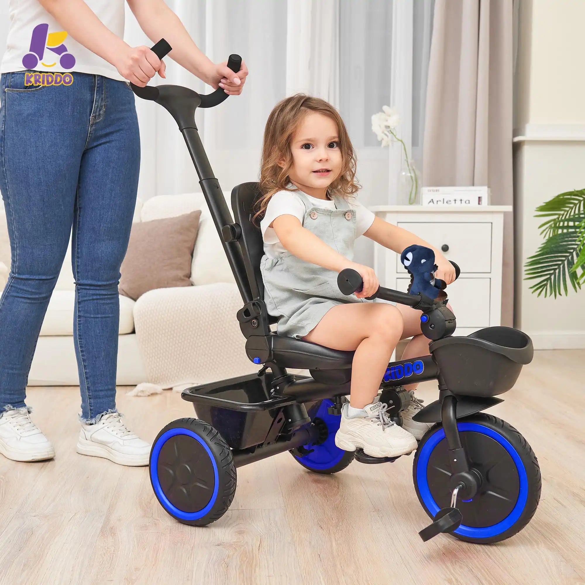KRIDDO 7-in-1 Kids Tricycle Stroller with Push Handle for 18 Months to 5 Years Old Blue