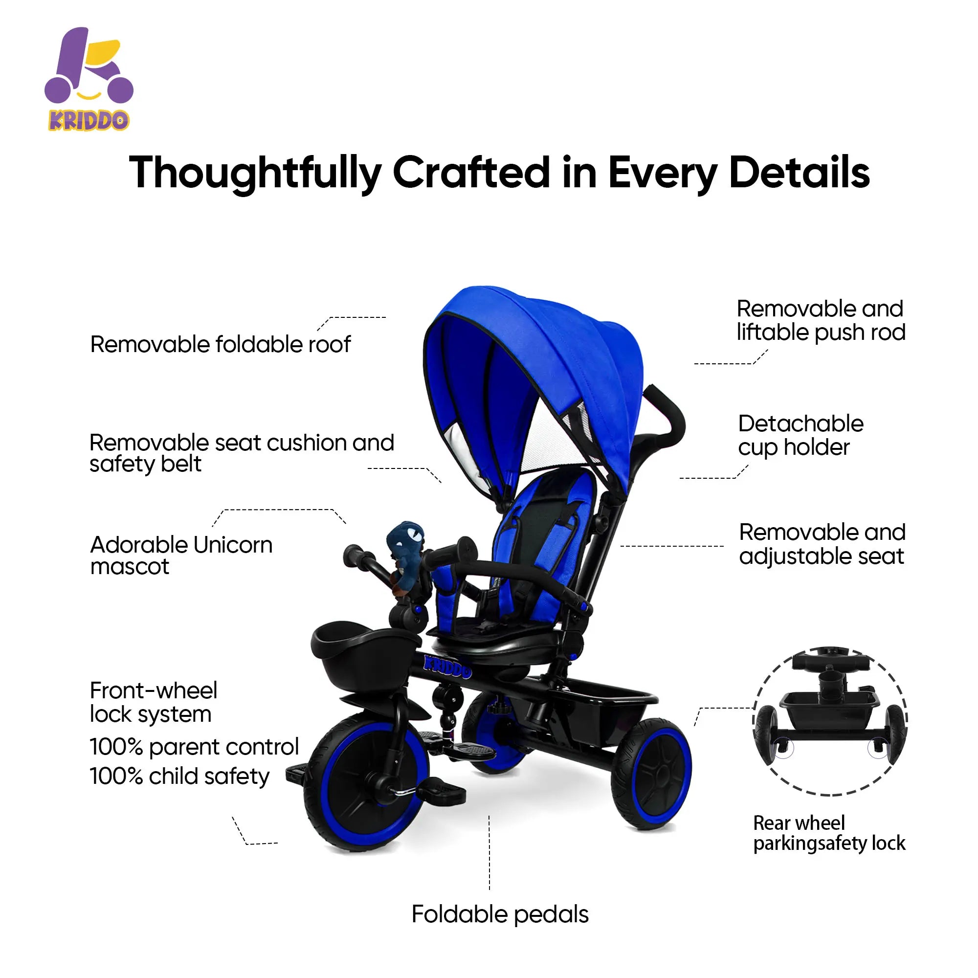 KRIDDO 7-in-1 Kids Tricycle Stroller with Push Handle for 18 Months to 5 Years Old Blue
