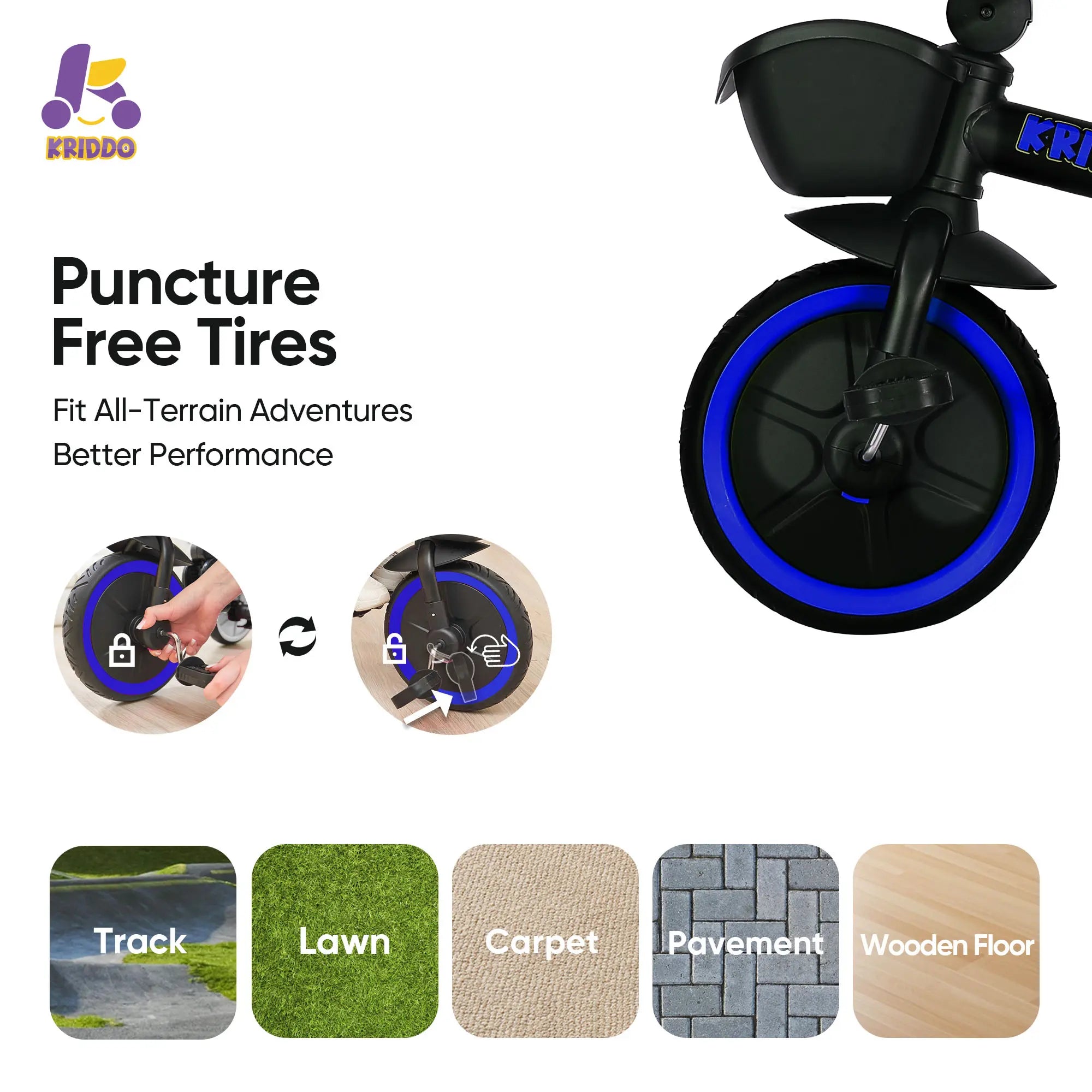 KRIDDO 7-in-1 Kids Tricycle Stroller with Push Handle for 18 Months to 5 Years Old Blue