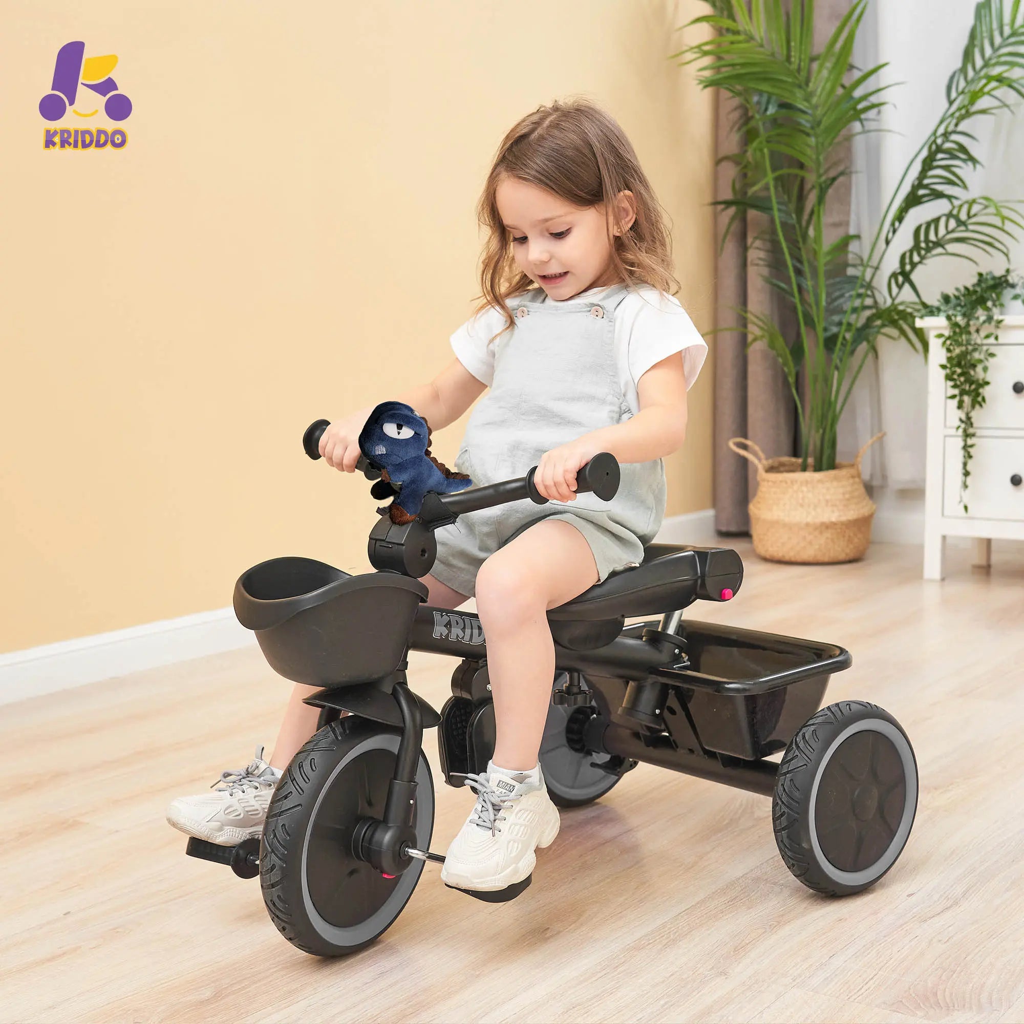 KRIDDO 7-in-1 Kids Tricycle Stroller with Push Handle for 18 Months to 5 Years Old Grey
