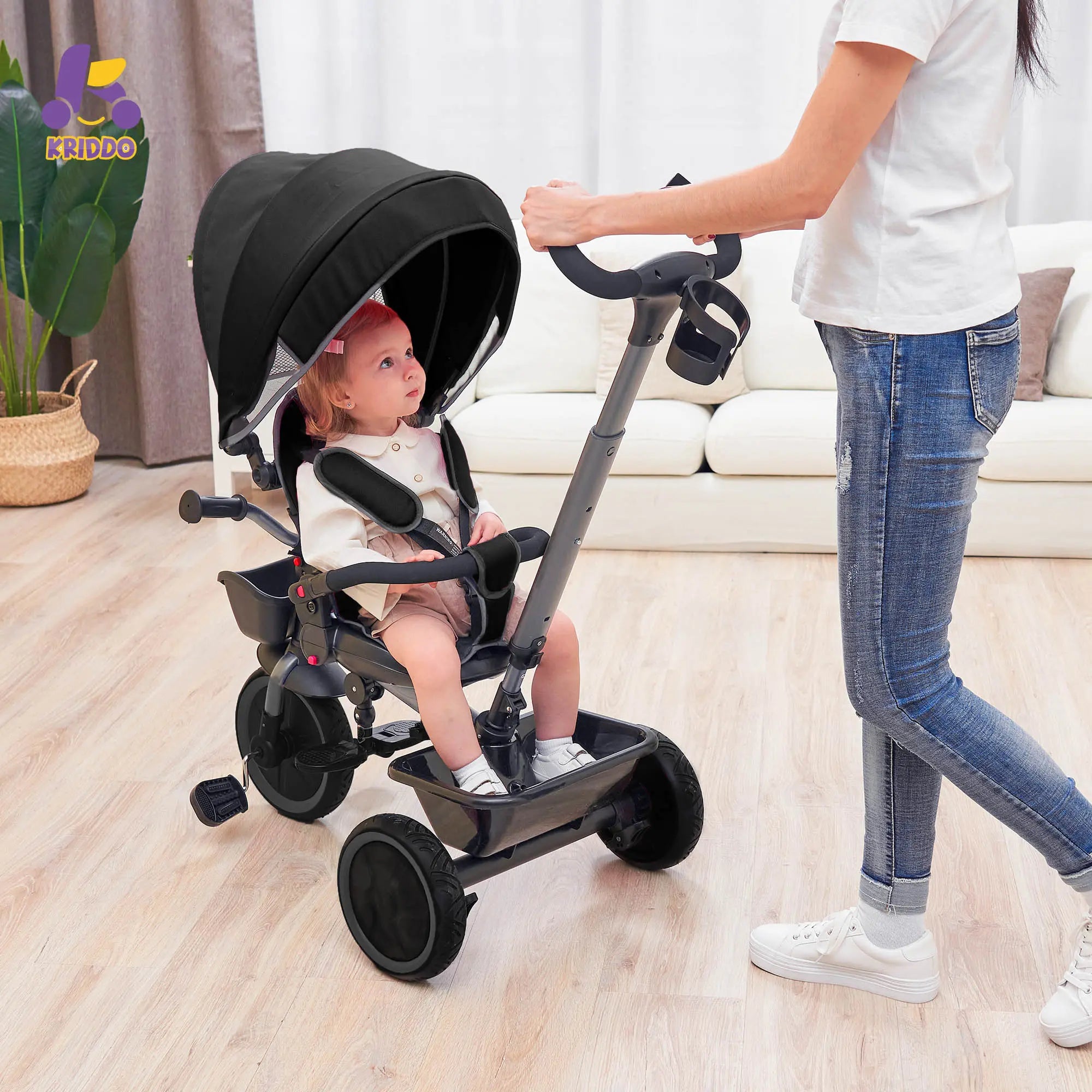 KRIDDO 7-in-1 Kids Tricycle Stroller with Push Handle for 18 Months to 5 Years Old Grey