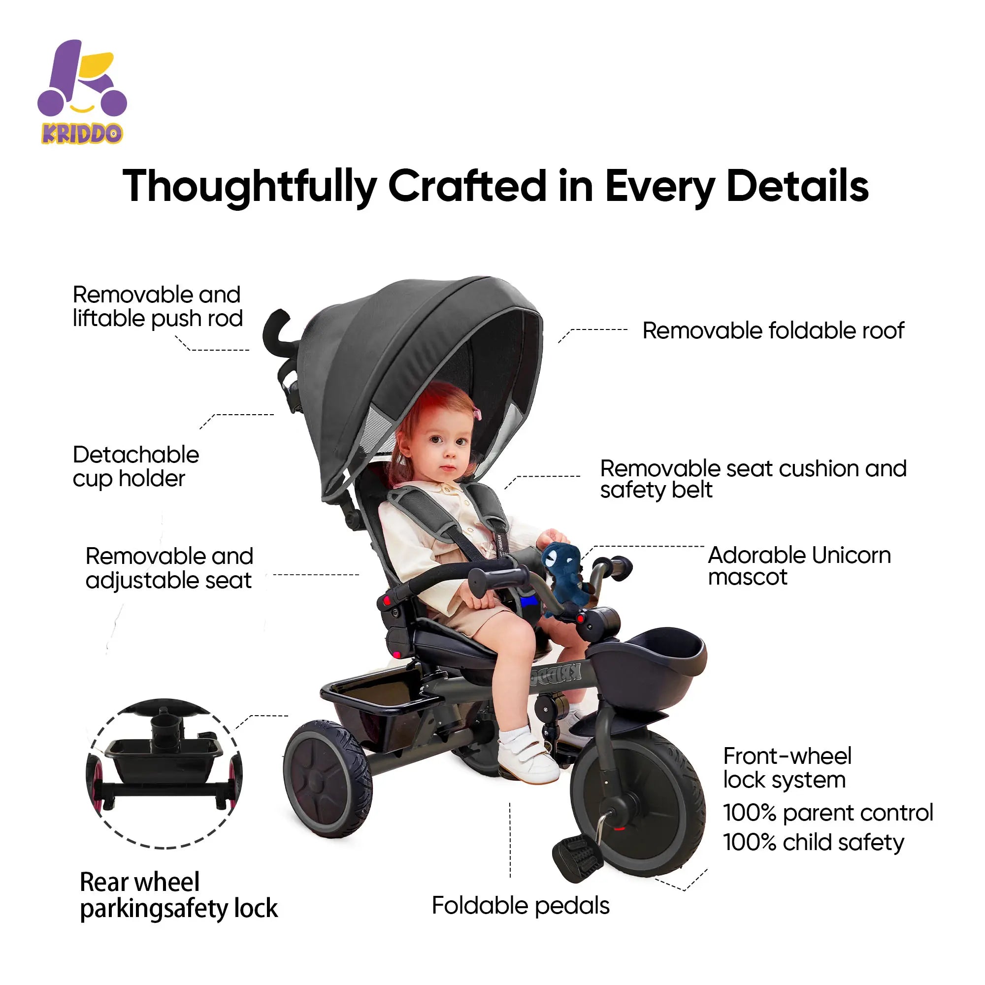 KRIDDO 7-in-1 Kids Tricycle Stroller with Push Handle for 18 Months to 5 Years Old Grey