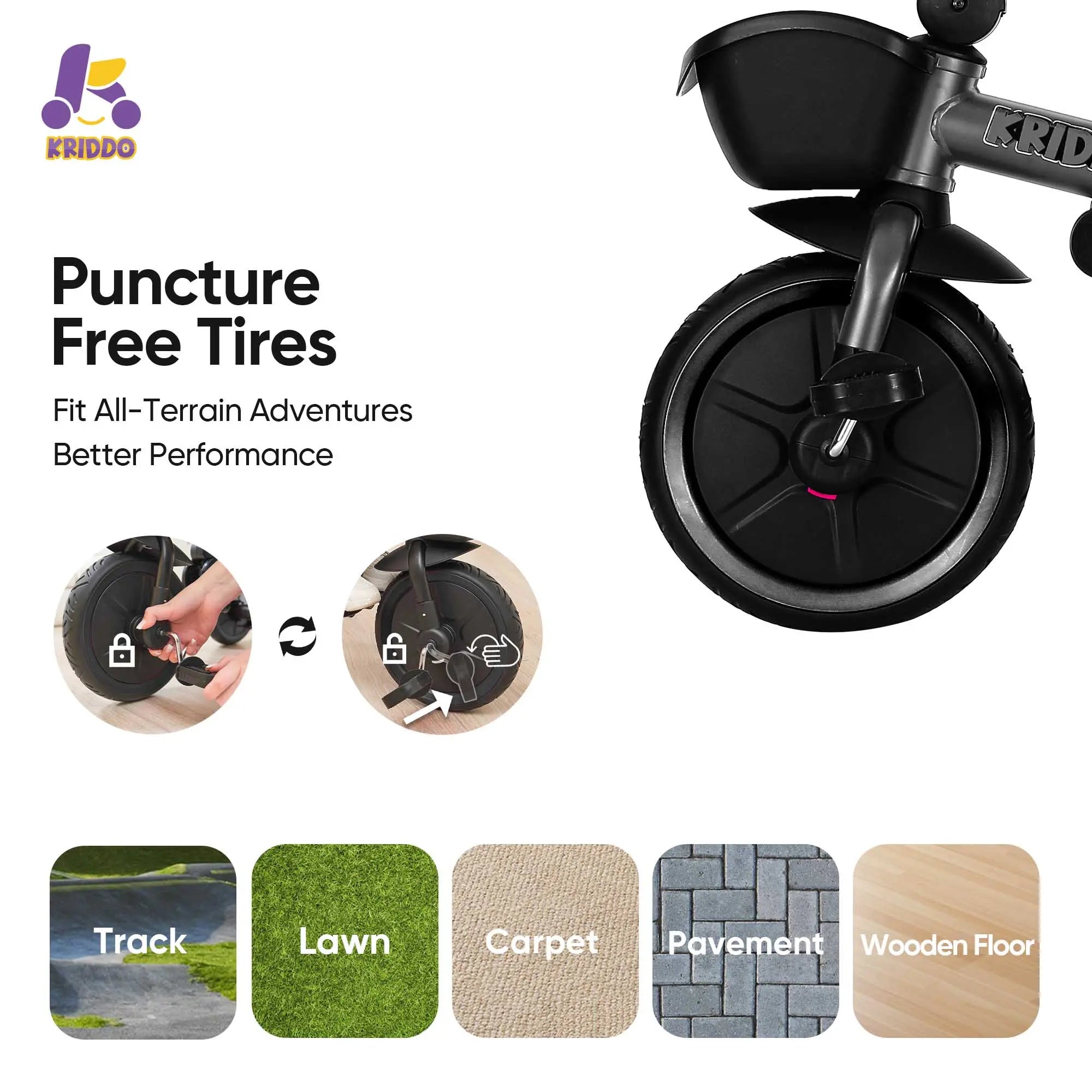 KRIDDO 7-in-1 Kids Tricycle Stroller with Push Handle for 18 Months to 5 Years Old Grey