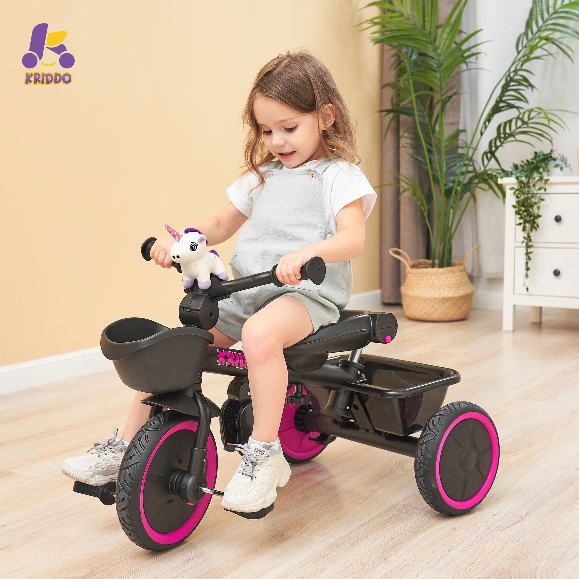 KRIDDO 7-in-1 Kids Tricycle Stroller with Push Handle for 18 Months to 5 Years Old Pink