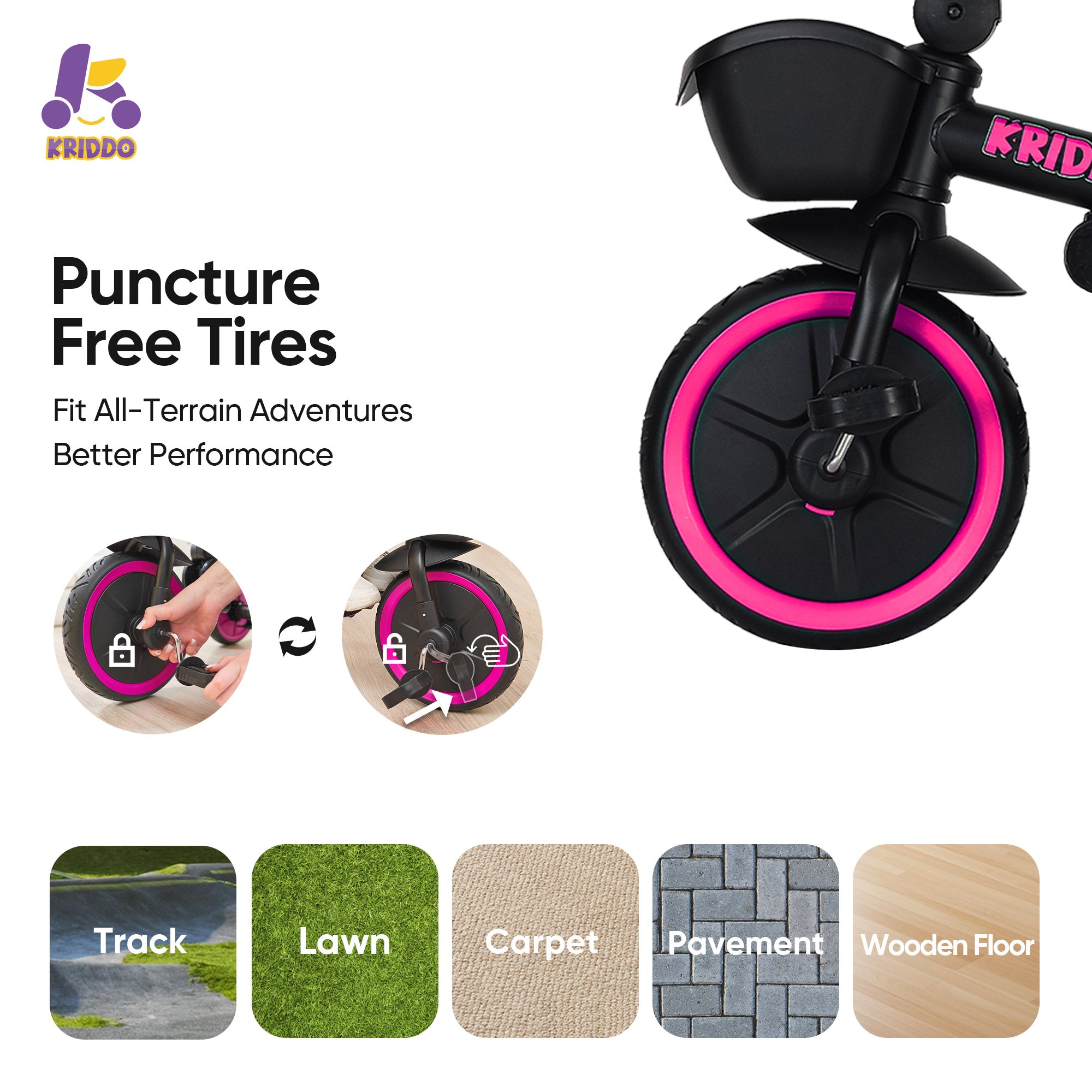 KRIDDO 7-in-1 Kids Tricycle Stroller with Push Handle for 18 Months to 5 Years Old Pink