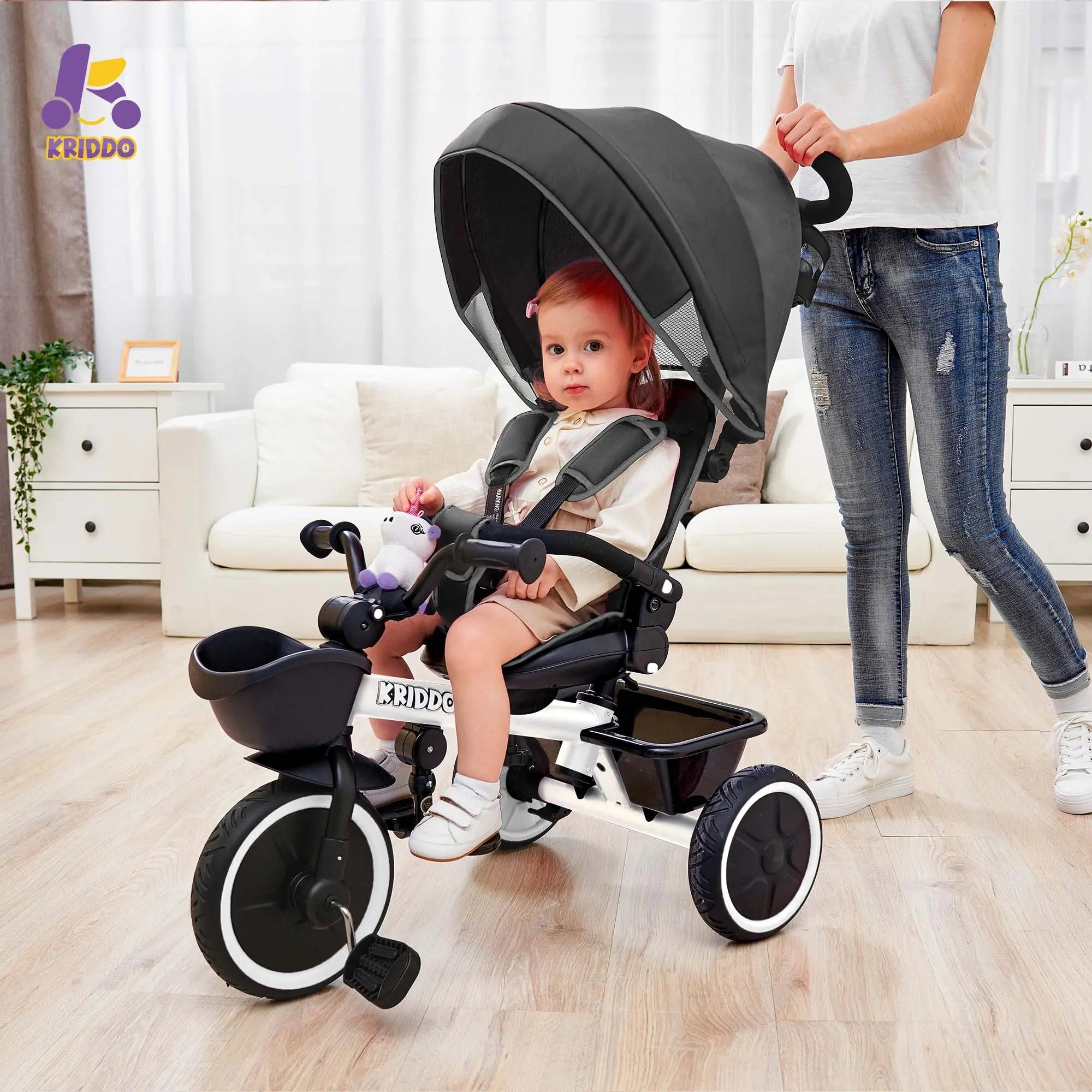 KRIDDO 7-in-1 Kids Tricycle Stroller with Push Handle for 18 Months to 5 Years Old White