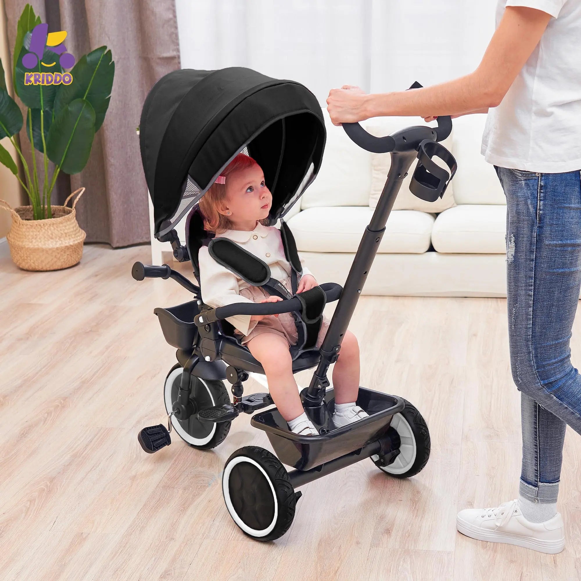 KRIDDO 7-in-1 Kids Tricycle Stroller with Push Handle for 18 Months to 5 Years Old White