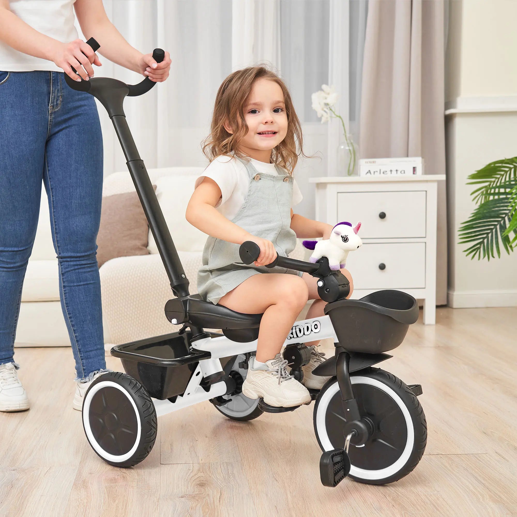 KRIDDO 7-in-1 Kids Tricycle Stroller with Push Handle for 18 Months to 5 Years Old White