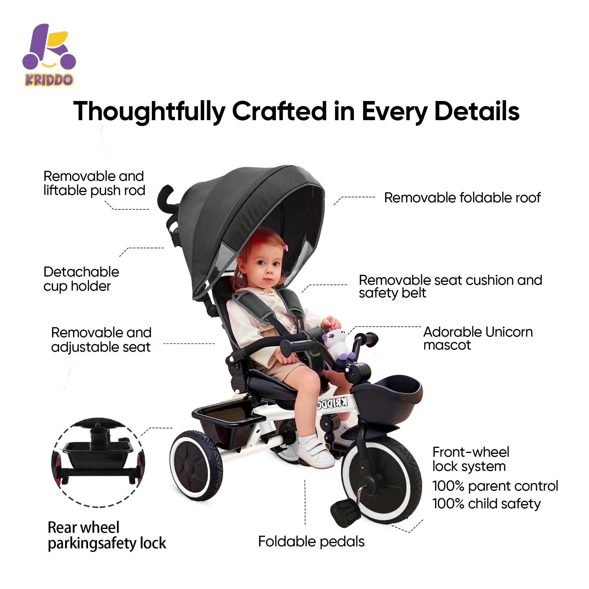 KRIDDO 7-in-1 Kids Tricycle Stroller with Push Handle for 18 Months to 5 Years Old White