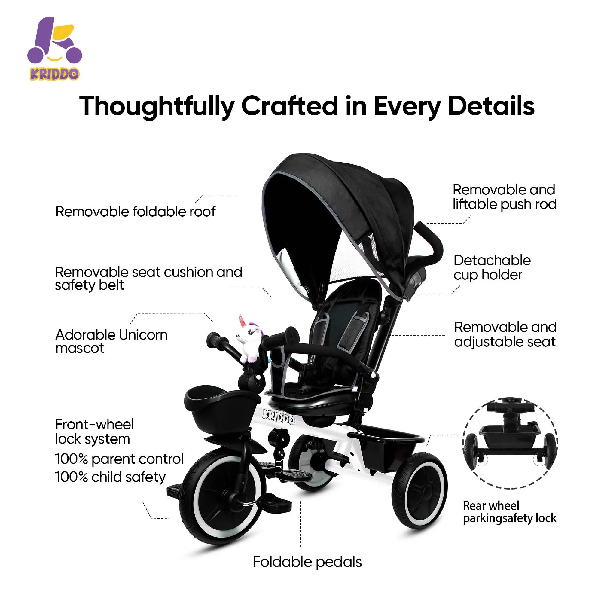 KRIDDO 7-in-1 Kids Tricycle Stroller with Push Handle for 18 Months to 5 Years Old White