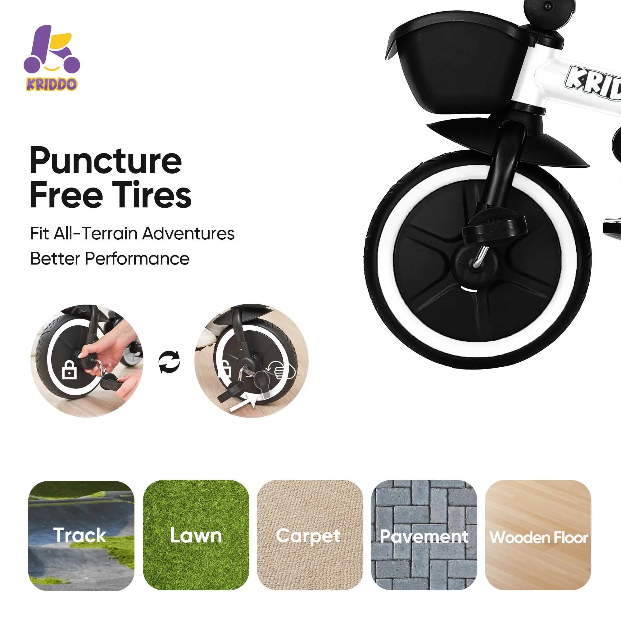 KRIDDO 7-in-1 Kids Tricycle Stroller with Push Handle for 18 Months to 5 Years Old White